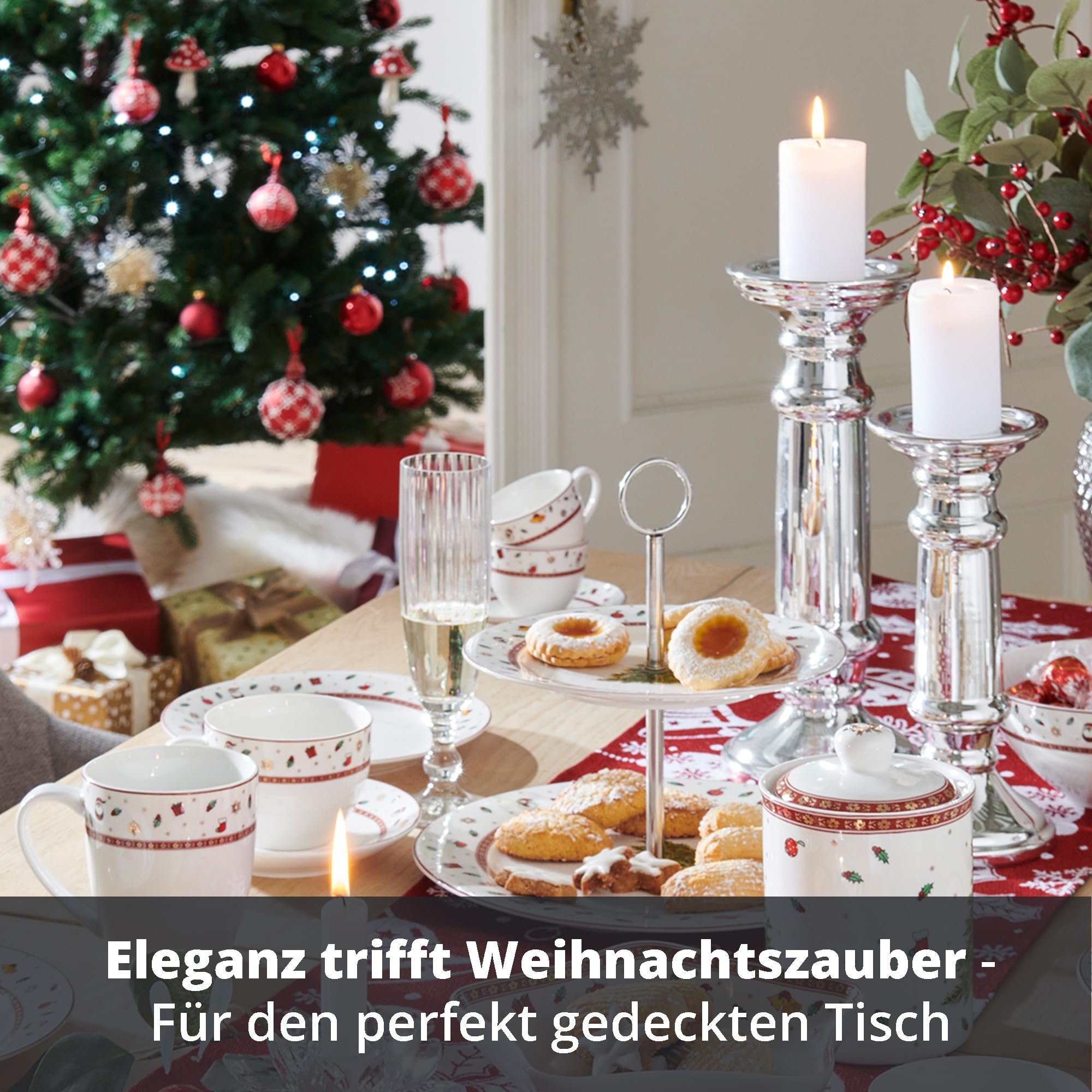 Peill+Putzler Germany Weihnachtsgeschirr,Kaffeeservice mit Weihnachtsmuster, 18-teiliges Geschirrset für Weihnachten, Bon China Porzellan in weiß für 6 Personen, mit Goldrand daher nur Handwäsche