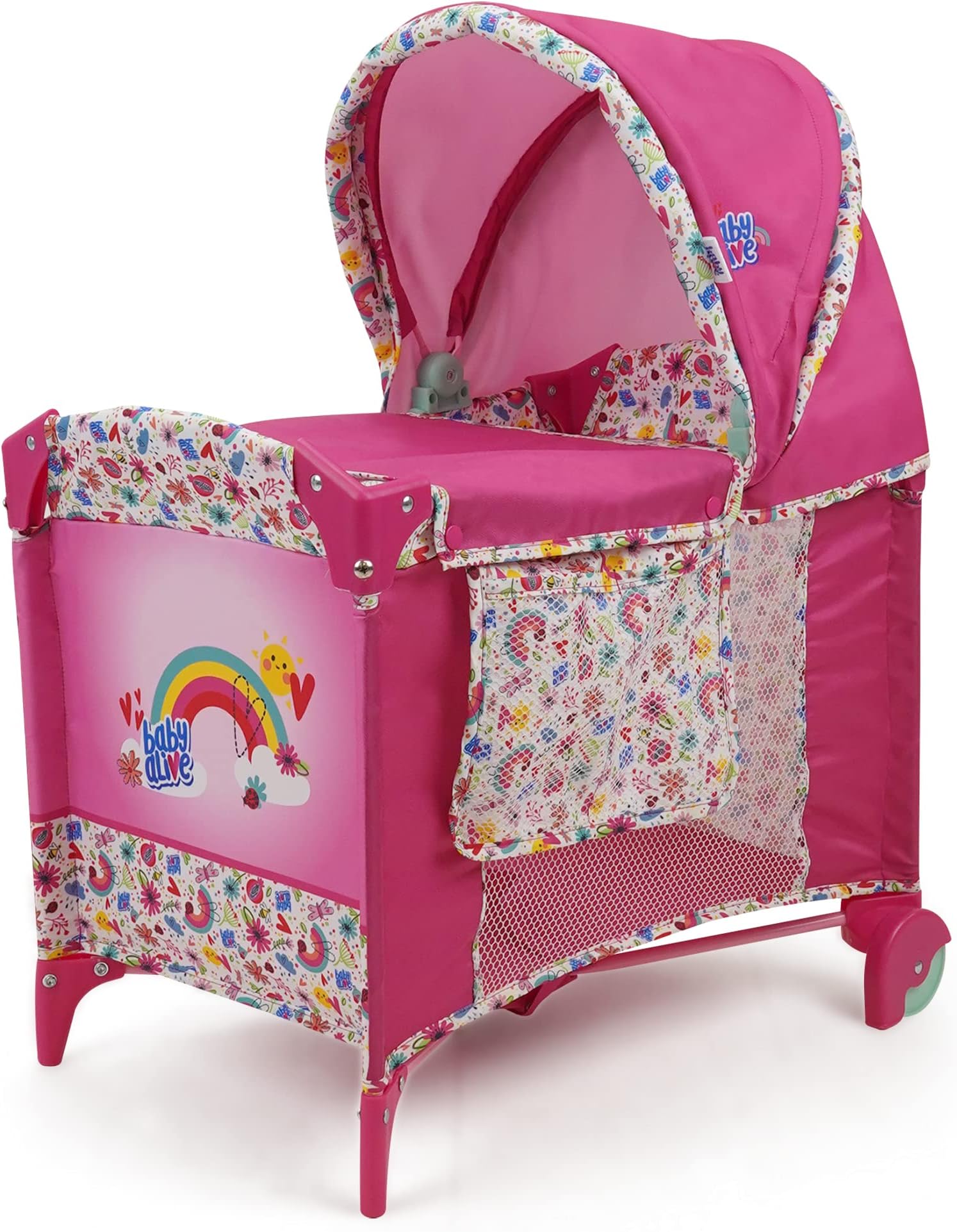 509 Crew Baby Alive: Deluxe Doll Play Yard - Pink & Rainbow - Fits Dolls Up to 18", Retractable Canopy, Easy Maneuvering, Folds for Travel & Storage, Pretend Play for Kids Ages 3+