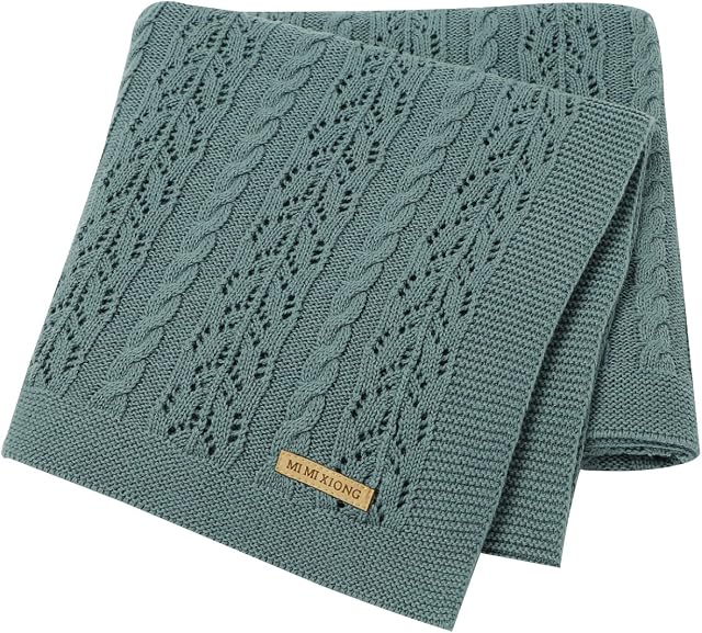 DovFanny Baby Blanket Cotton Cable Knitted Cellular Cozy Breathable Blanket for Baby Boy and Girls 90 x 70cm Dark Green