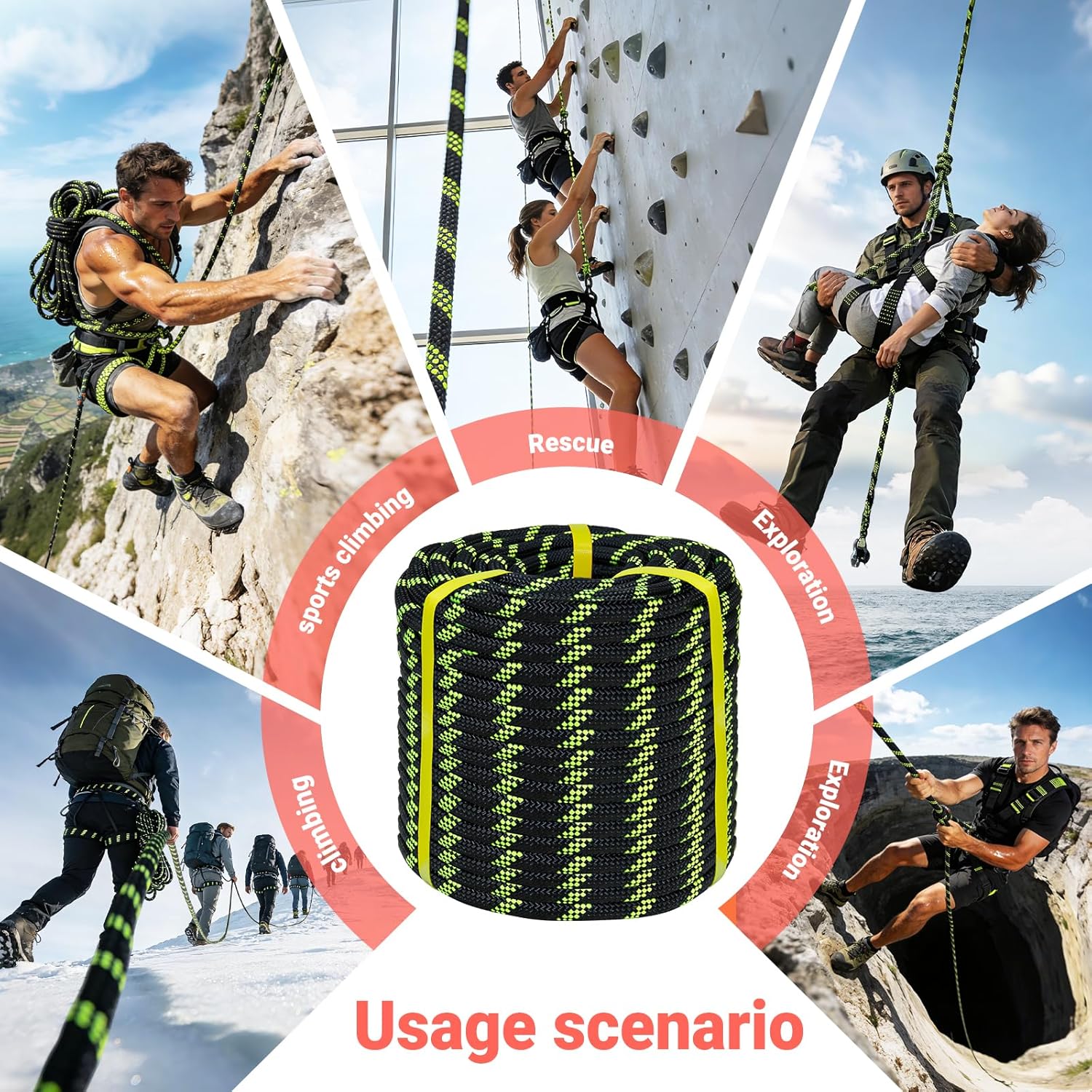 10.5mm/12.7mm Static Climbing Rope 32FT to 150FT, 3825lbs-9000lbs High Strength Rock Climbing Rope, Arborist Bull Rope For Rappelling Tree Work, Hiking Camping, Fire Rescue, Caving,Sailing,Swing