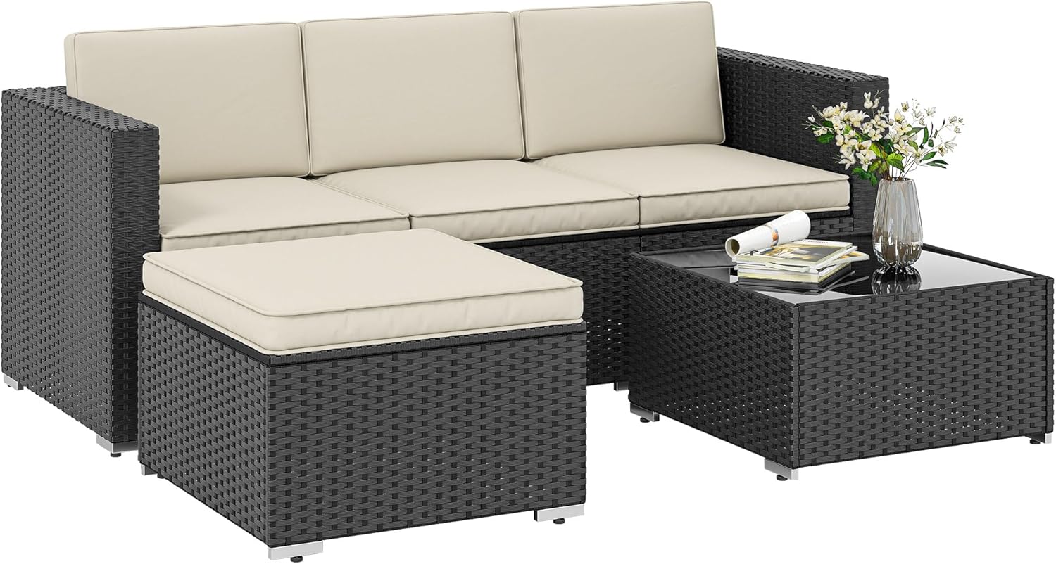 Outsunny 3 Piece Rattan Garden Furniture Set, Garden Corner Sofa, All-Weather Handwoven PE Wicker Sectional Sofa Set with Tempered Coffee Table, Ottoman, Washable Cushions, Black