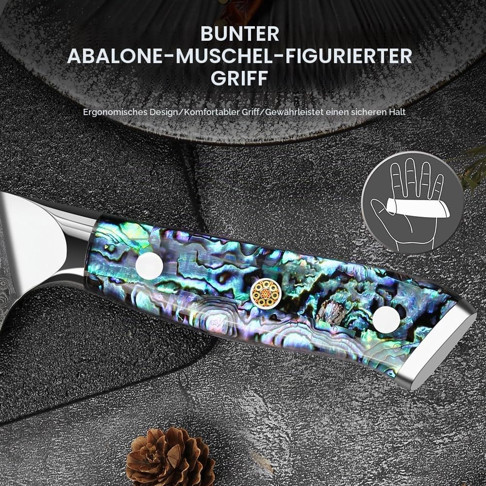 Home Safety 3er Damast Messerset, Kochmesser Set mit 12.4-19cm Klinge aus 67 Lagen VG-10 Damaststahl Damast Santokumesser, Abalone-Muschel Griff, Geschenkbox