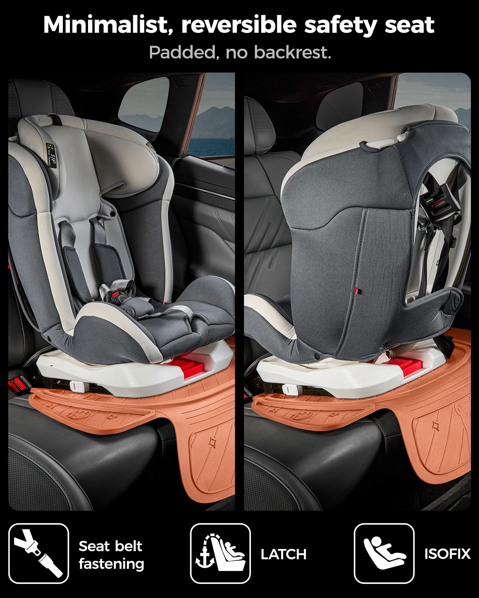 3W ISOFIX podkładka na fotelik samochodowy, kolor pomarańczowy, uroczy wzór misia, wodoodporna i antypoślizgowa, trwała nakładka na fotel samochodowy, czarna