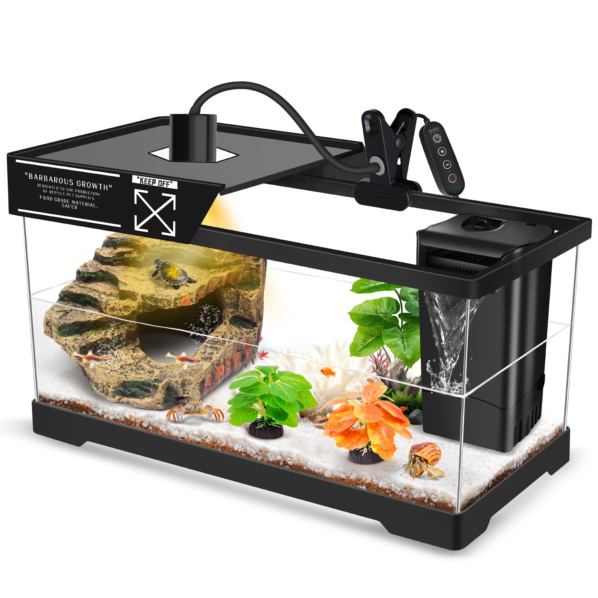 GOZILLA Kit de tanque de tortuga (tanque + lámpara + filtro), kit de inicio de tanque de tortuga de PC con lámpara y filtro ajustables, hábitat de escondite de reptiles con tapa para reptiles pequeños