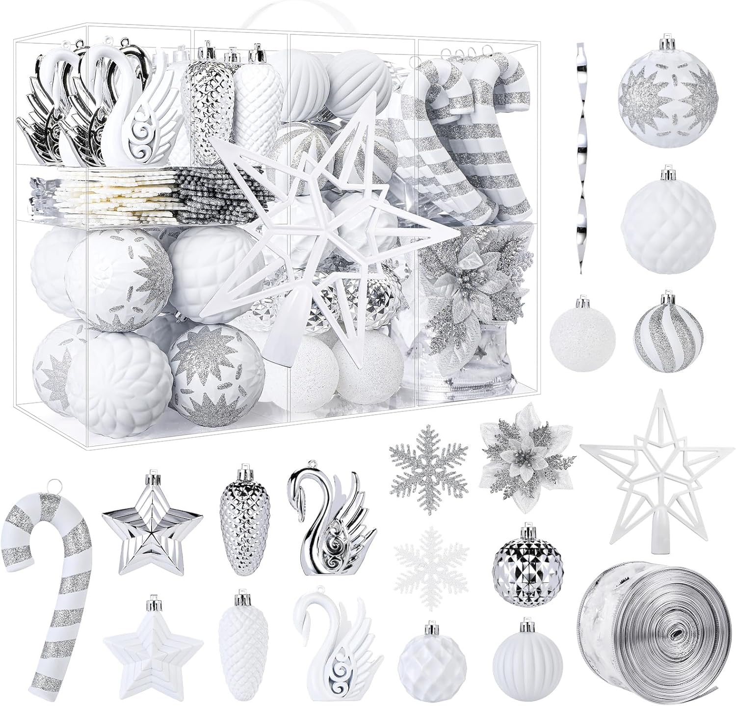 Alupssuc 128pcs Christmas Balls Ornaments Set, Shatterproof Plastic Baubles Christmas Flowers, Ribbon,Tree Topper for Xmas Tree Holiday Wedding Party Decorations with Hanging Strings, White and Silver Alupssuc 128pcs Christmas Balls Ornaments Set, Shatterproof Plastic Baubles Christmas Flowers, Ribbon,Tree Topper for Xmas Tree Holiday Wedding Party Decorations with Hanging Strings, White and Silver