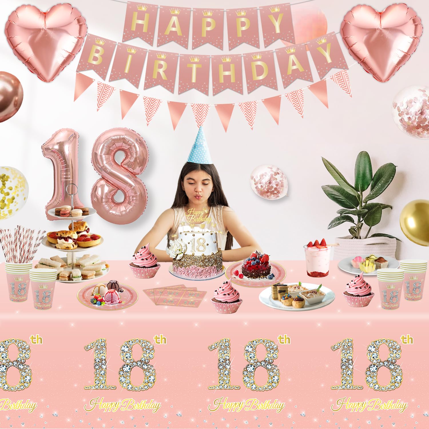 179 PCS 18th Birthday Decorations for Girls Rose Gold 18th Birthday Party Decoration Happy 18th Birthday Supplies Tableware Set-Plates, Napkins, Pink 18th Birthday Banner for 20 Guests - Image 2