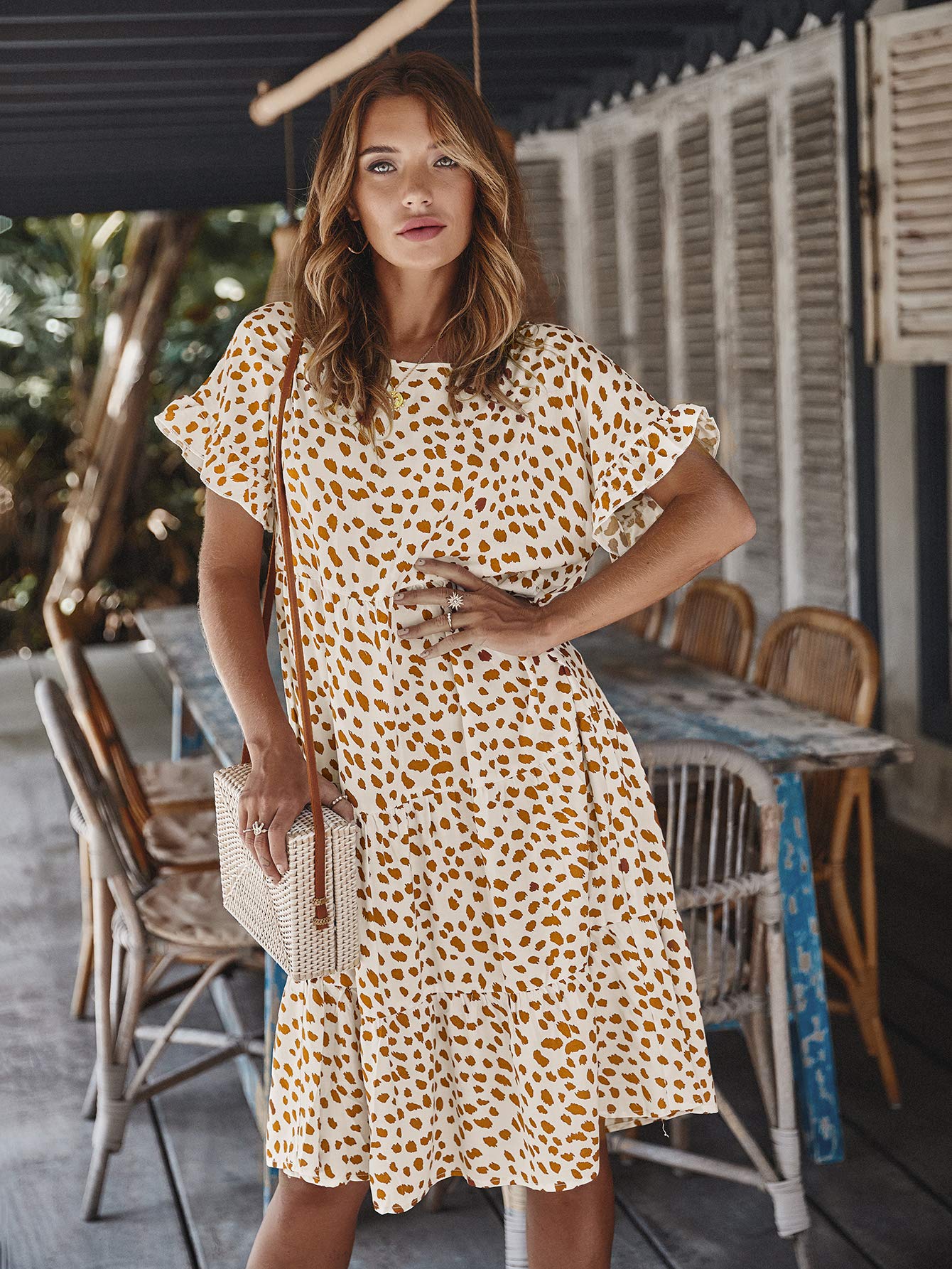 MessBebe Abito Donna Casual a Maniche Corte Vestito Donna Corto a Girocollo con Ruches Abito Elegante Estivo Primavera Mini Abito da Spiaggia