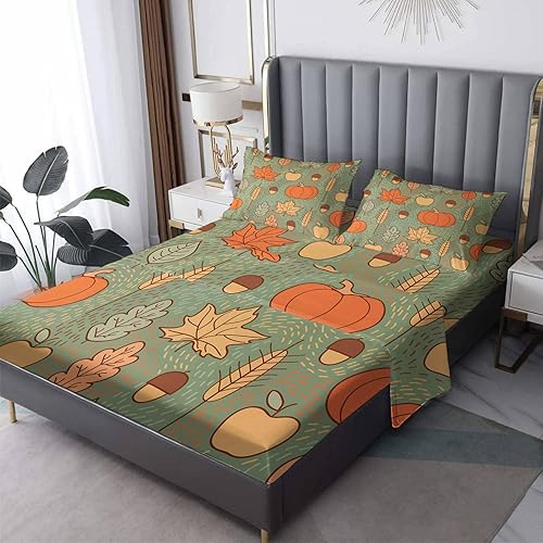 Sábanas de Acción de Gracias tamaño King dividido para cama ajustable, sábanas de hojas de otoño de calabaza, sábanas estampadas y juego de 5