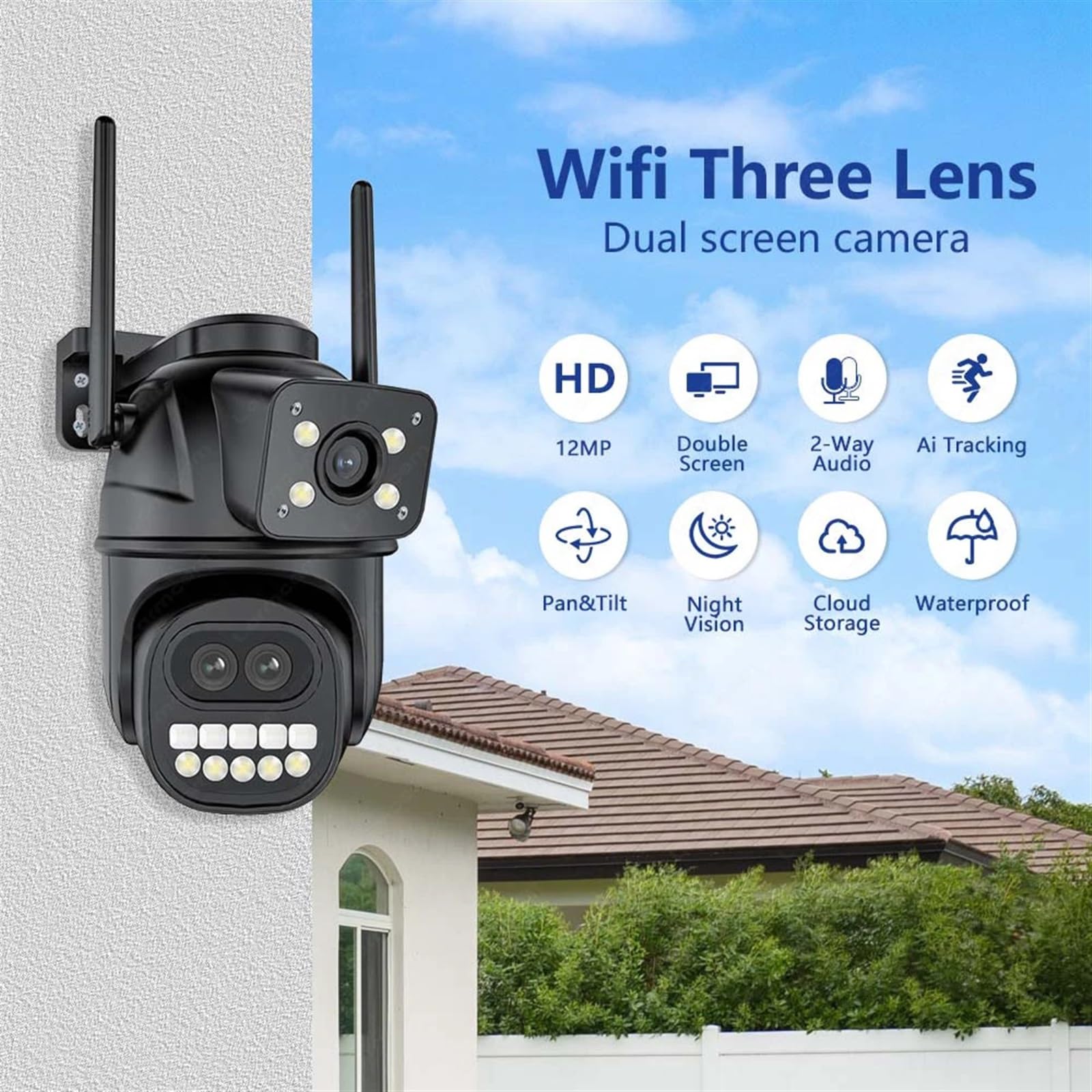 Telecamera di sicurezza, Telecamera IP 6K HD 12MP Tre lenti Zoom 8X di sicurezza esterna Rilevazione movimento CCTV Telecamere sorveglianza a 360º(8MP Camera)