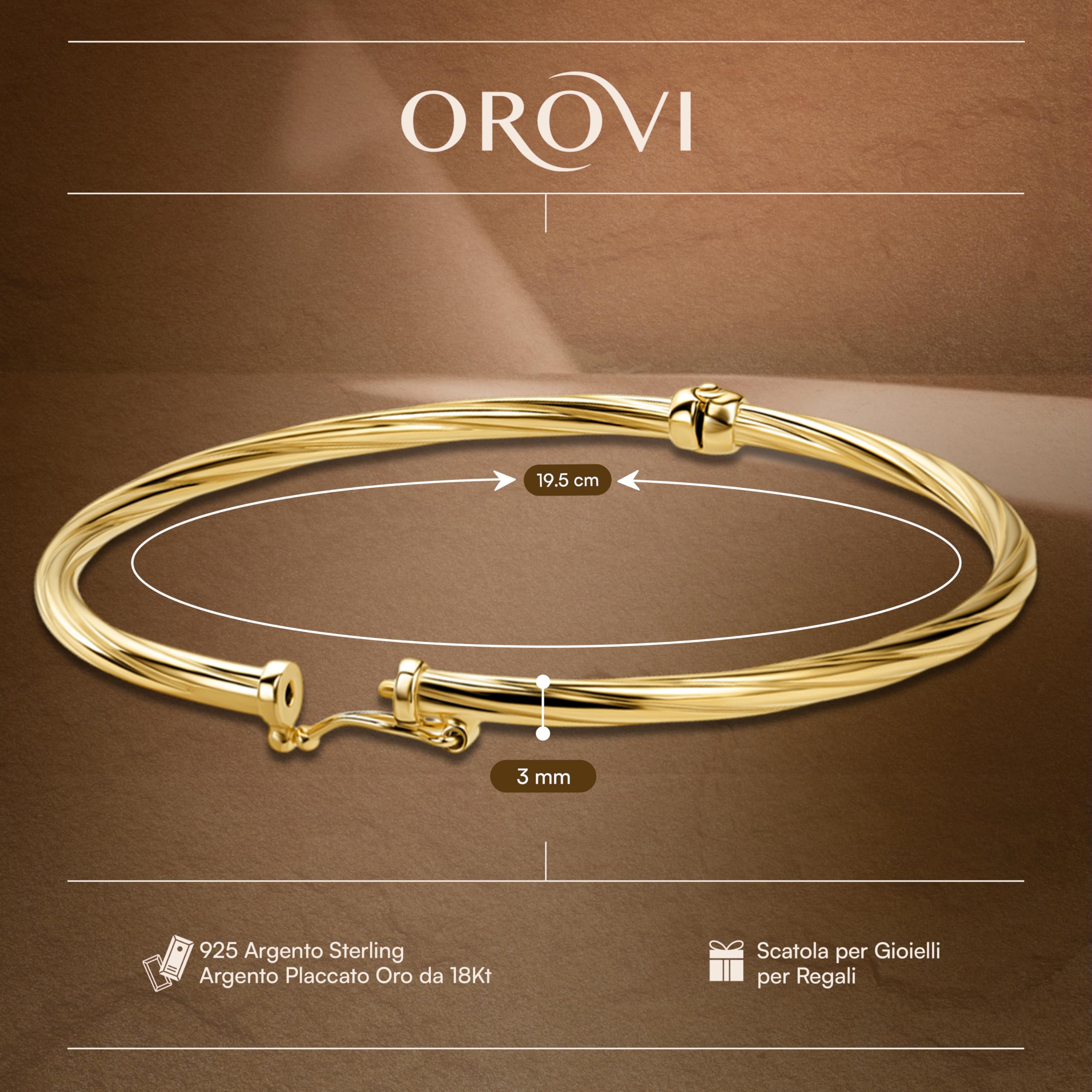 OROVI Bracciale Rigido Argento 925 - Bracciale Donna PLACCATO ORO 18KT Design intrecciato, Chiusura a Cerniera. Gioiello Donna Anallergico MADE IN ITALY Consegnato in Elegante Astuccio Regalo.