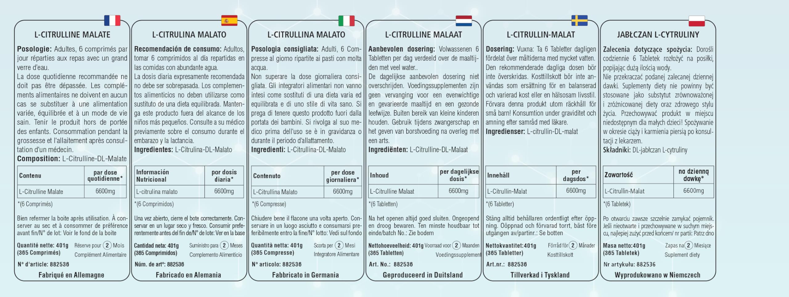 L-citrullina malato, 365 compresse, 6600mg per dose giornaliera, 100% L-citrullina DL-malato senza additivi, Altamente dosato, 100% Vegano, produzione tedesca e test di laboratorio,