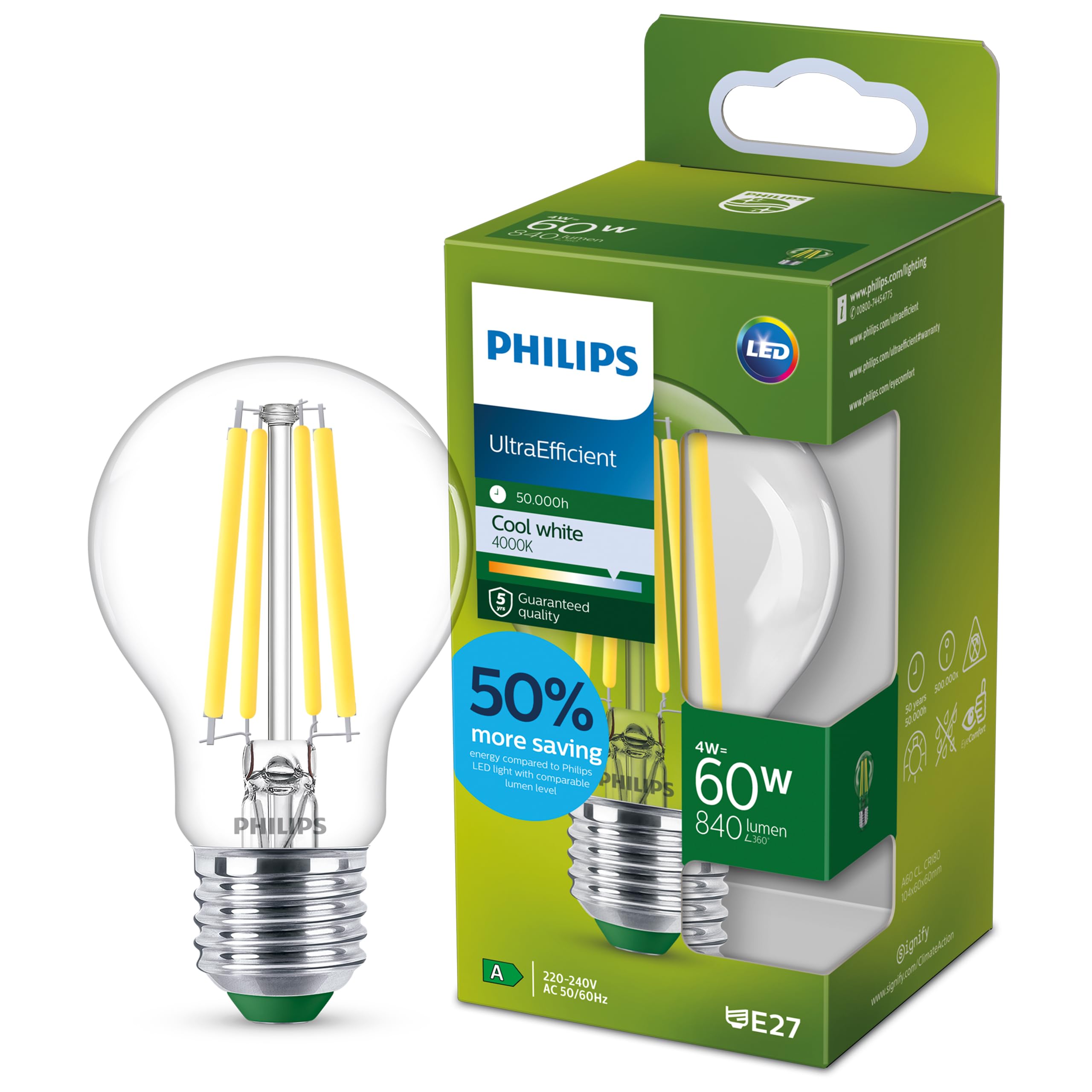 Philips Cool White Ultra Efficient - Ultra Energy Saving Lights, Led Light Source, 60W, A60, E27, 4000 Kelvin, Clear