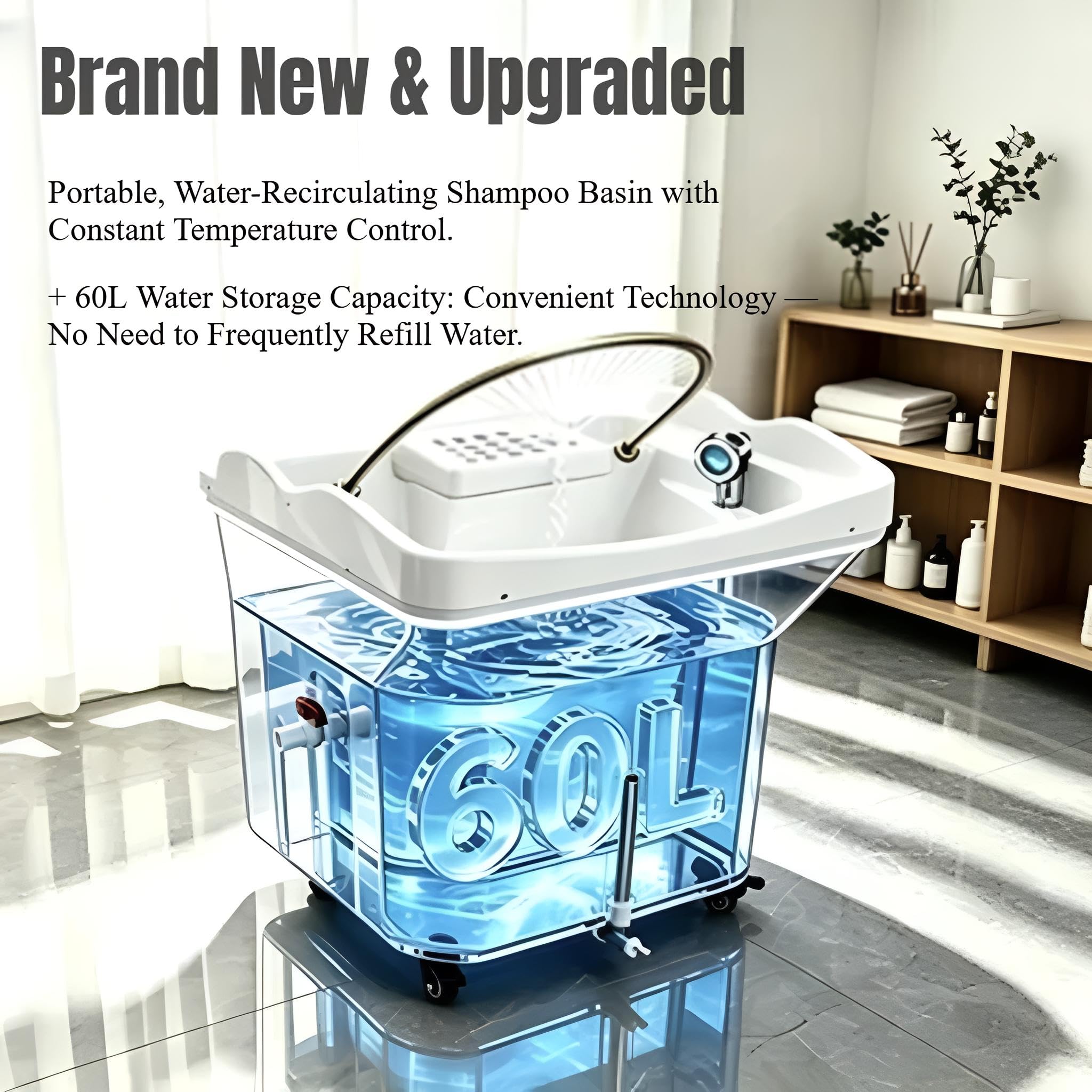 Equipo Spa JaponéS, Lavacabezas Peluqueria con Tanque 60l, Head Spa Equipment,Lavabo Champú con CirculacióN Agua y FuncióN Terapia Luz,Cama de Champú de Masaje