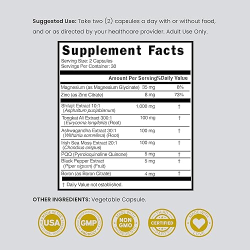 Miniatura 6 de Suplemento Shilajit para hombres y mujeres con musgo marino, Ashwagandha, Tongkat Ali, boro, zinc, PQQ, pimienta negra, magnesio, ácido fúlvico,