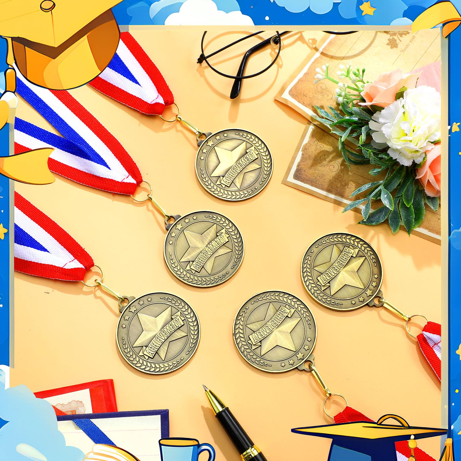 Quelay 30 medallas de Premio de 2 Pulgadas, medallas de Oro con Cintas para el Cuello, Trofeo de Metal, Regalo para torneos, competiciones, Fiestas, niños y Adultos