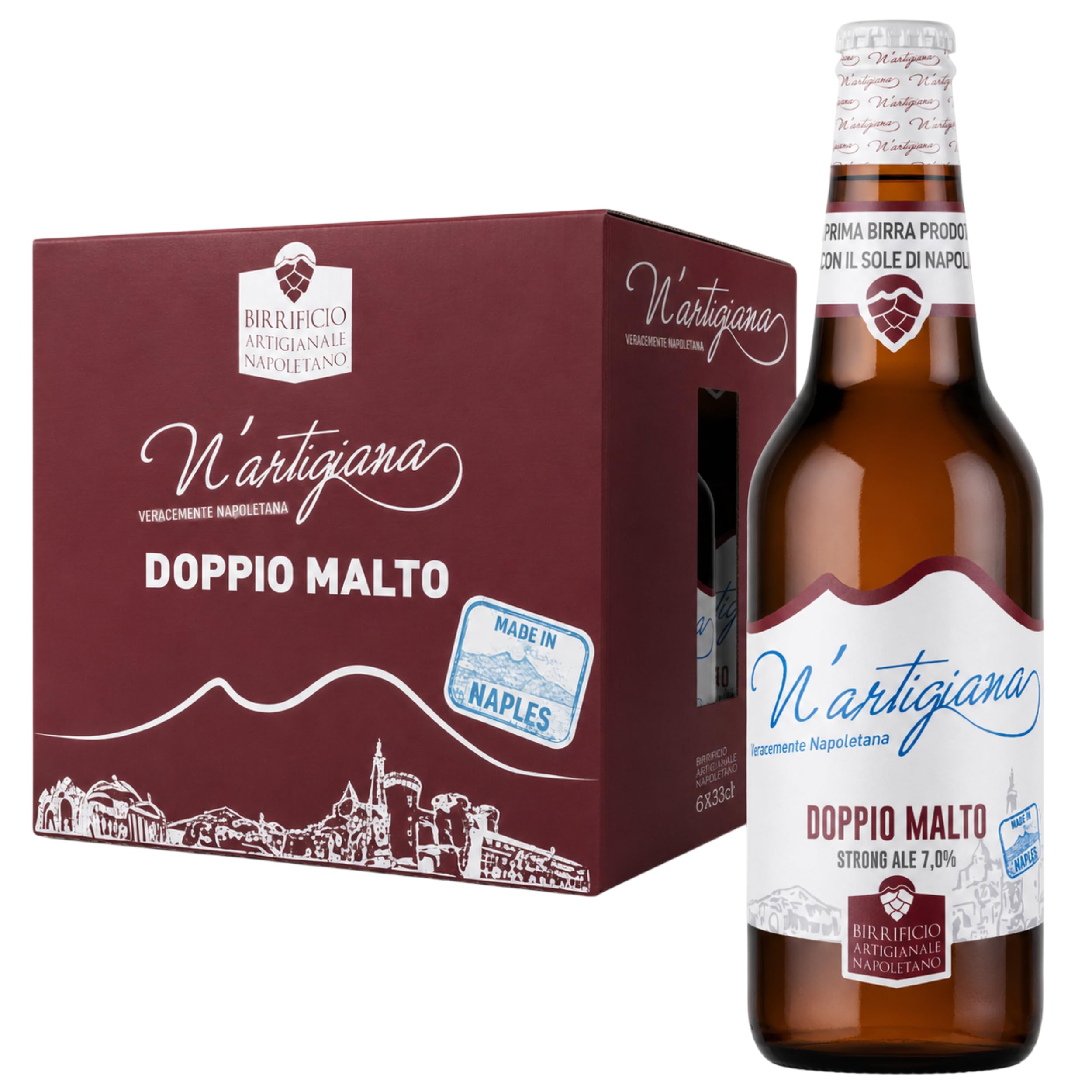 Birra Artigianale N’Artigiana Doppio Malto 66cl | Birra Strong Ale Napoletana con Puro Malto d’Orzo ad Alta Fermentazione | 7,0% Vol | Cassa da 12 Bottiglie