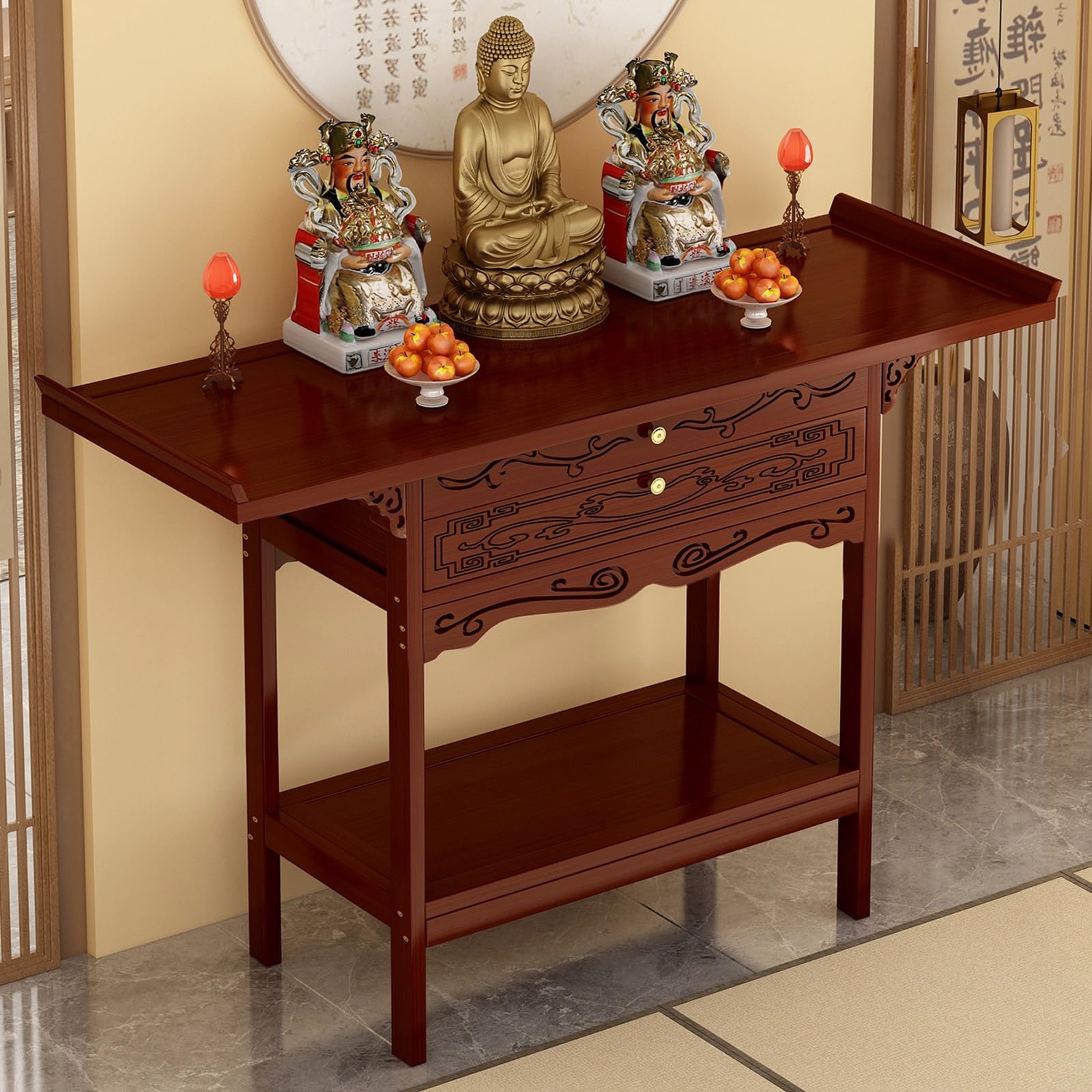 JNTFNE Meditation Altar Table with Storage, Chinese Style Shrine Drawer, Carved Buddha Statue Offering Table, for Homes Temples Ancestral Halls(Red,100cm/39.4in)