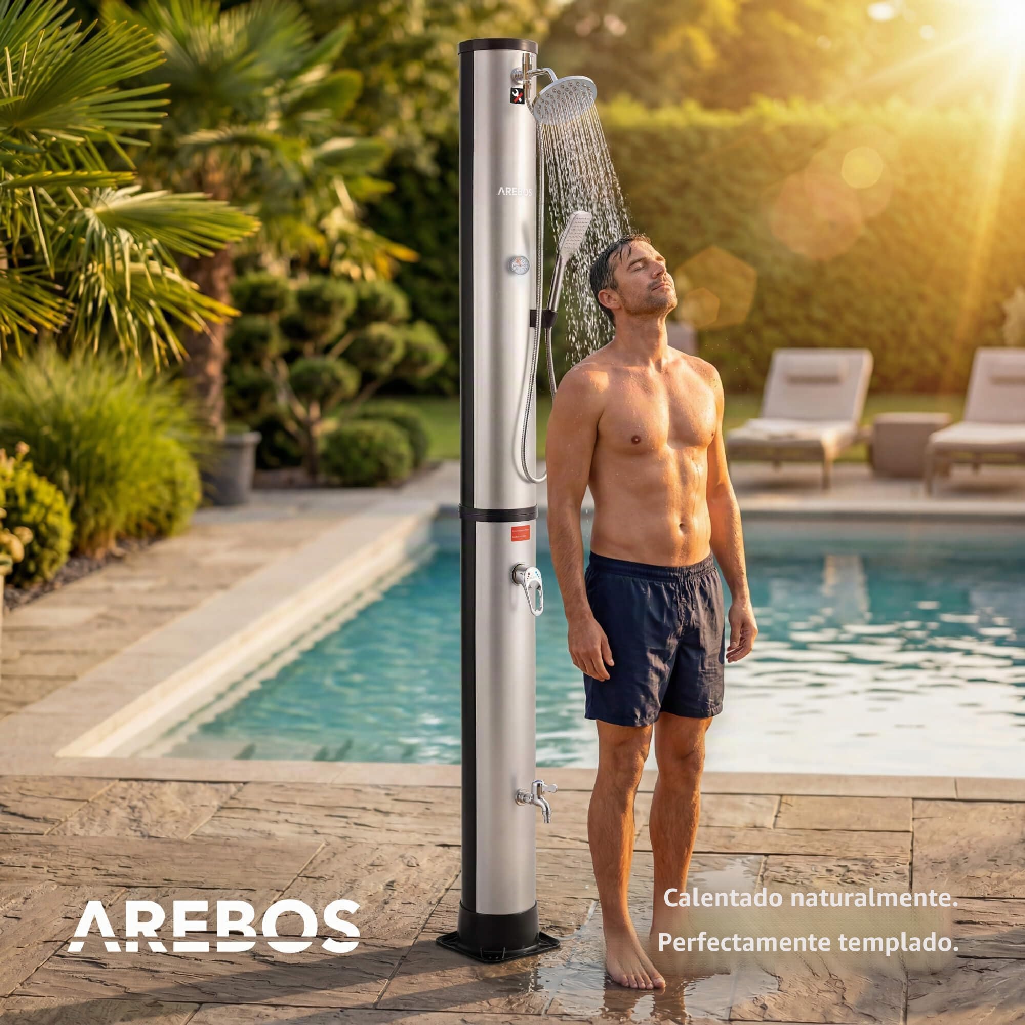 Arebos Ducha Solar de 40 L, con termómetro Integrado, Ducha de Mano, Cabezal de Ducha Giratorio, con Ducha de pies y conexión de Manguera de jardín, Incluye Material de Montaje y Cubierta