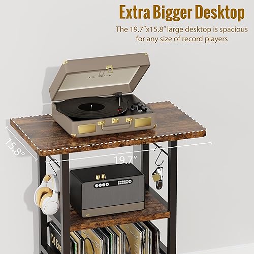 Miniatura 5 de Soporte para tocadiscos con escritorio extendido, mesa grande para tocadiscos con almacenamiento de vinilo, soporte giratorio con soporte para