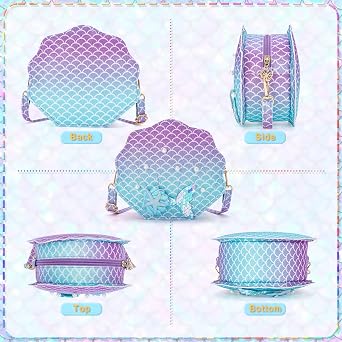 Mermaid Purse for Little Girls, Toddler Crossbody Bags with Dress Up Jewelry Set Mermaid Necklace Bracelet Ring Shell Earrings Hair Clips Stickers Pretend Play Gifts Kids Accessories
