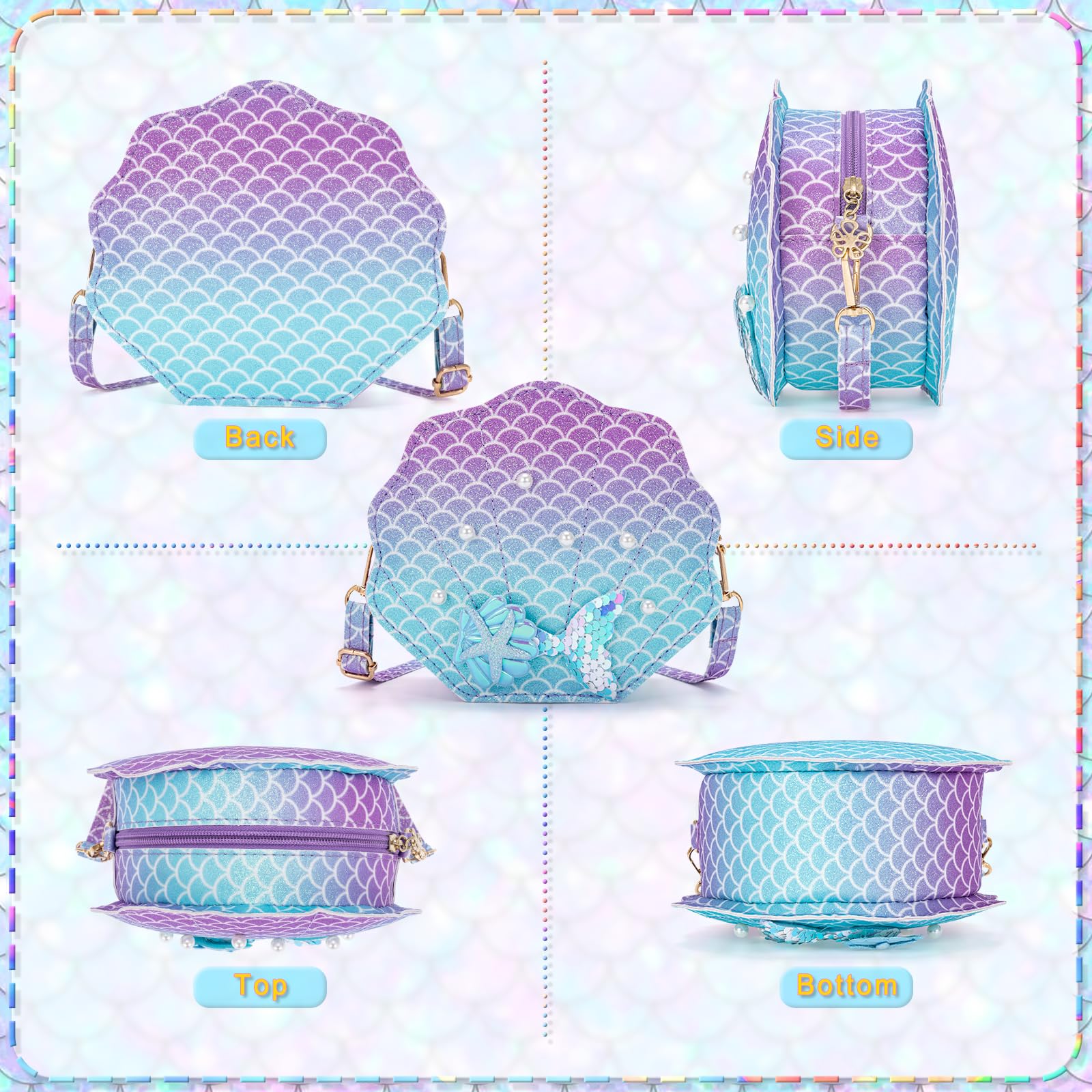 BTHRORO Mermaid Purse for Little Girls Toddler Crossbody Bags with Dress Up Jewelry Set Mermaid Necklace Bracelet Ring Shell Earrings Hair Clips Stickers Pretend Play Gifts Kids Accessories - Image 3