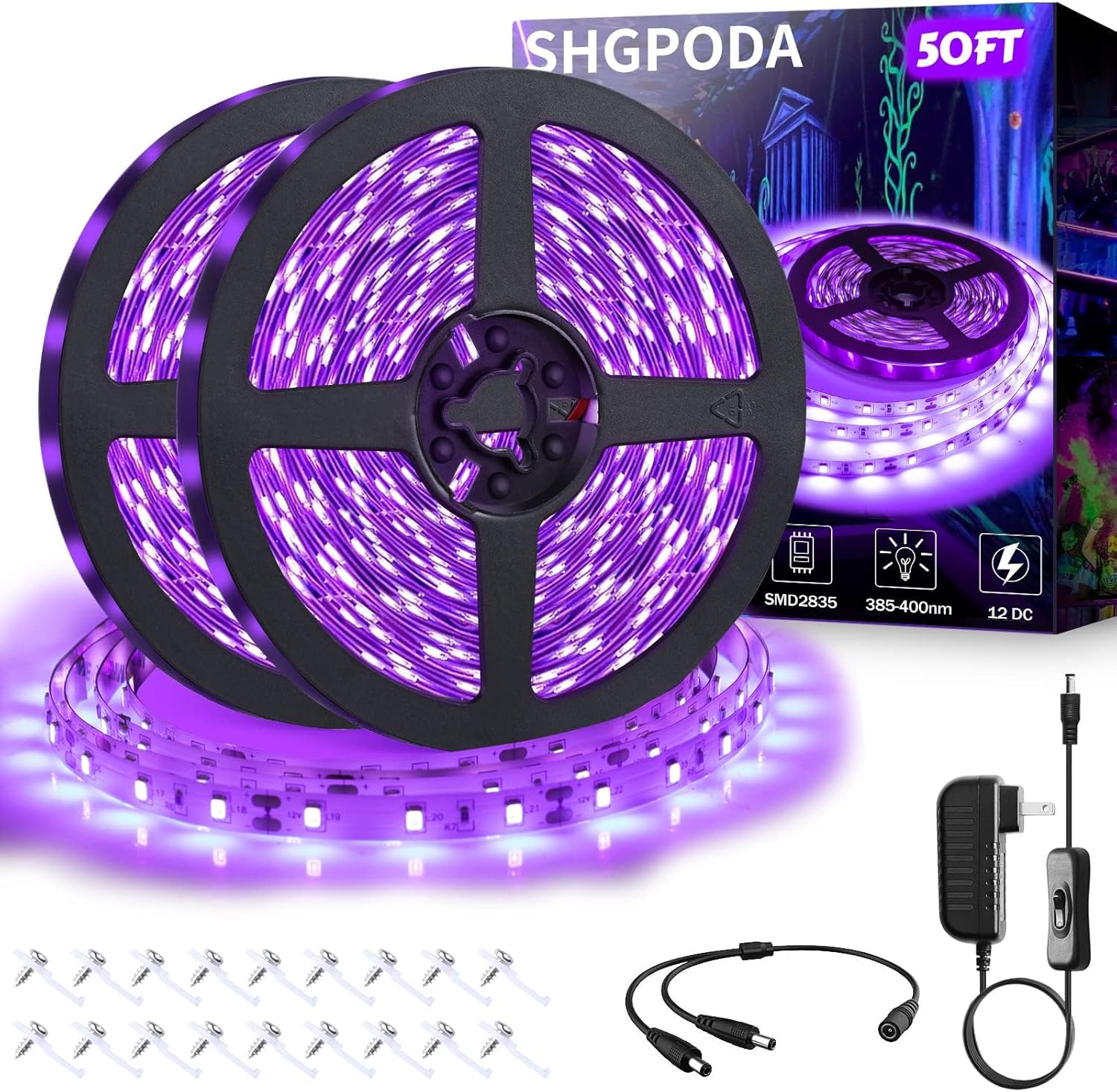 50ft/15M LED Black Light Strip Kit, 900 Units Lamp Beads, 385nm-400nm, 12V Flexible Blacklight Fixtures, Non-Waterproof Strip Blacklight for Indoor, Birthday, Glow Party, Halloween, Christmas