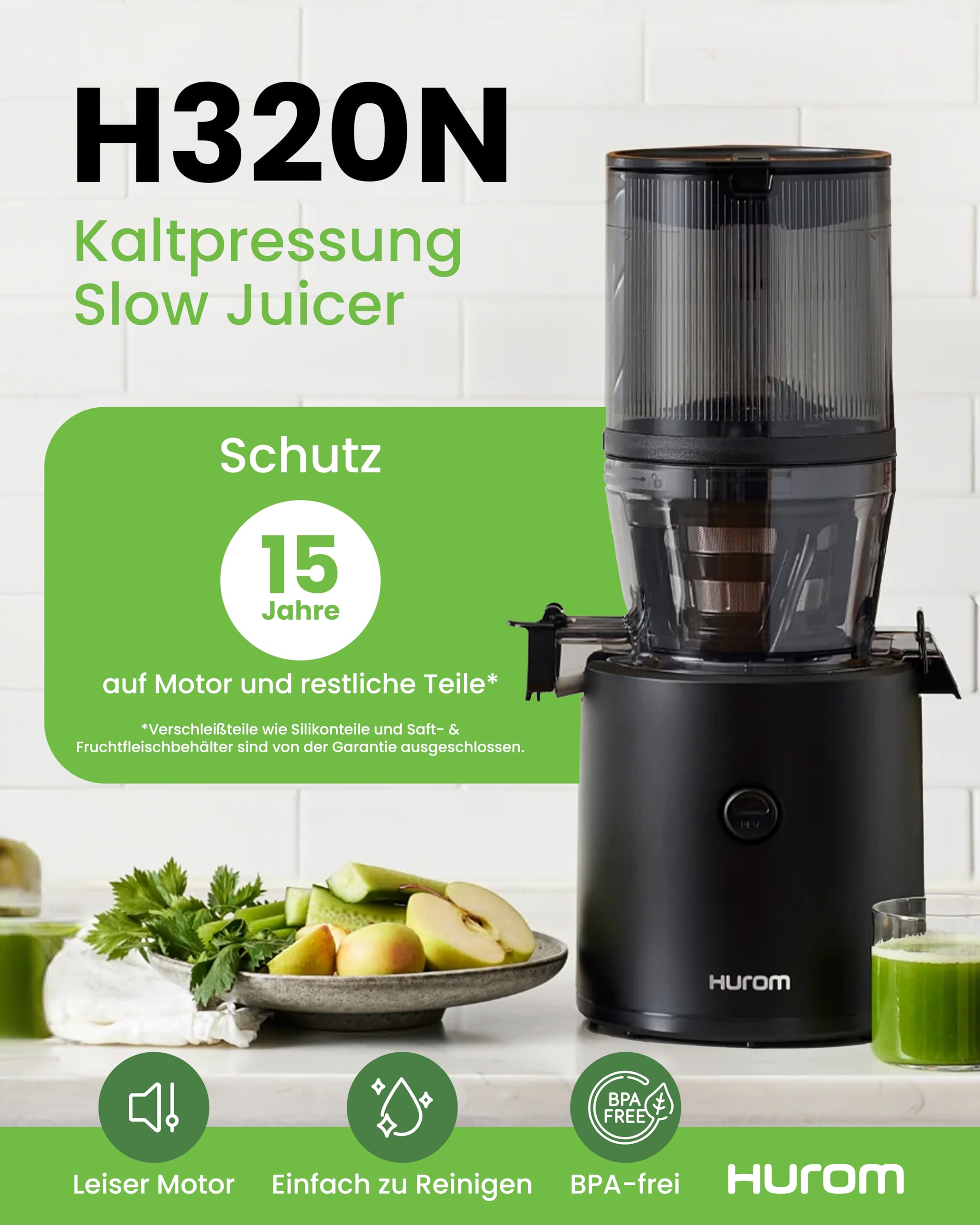 Hurom Slow Juicer | Entsafter Gemüse und Obst | H320N | Elektrische Kaltpresse | Ruhiger Motor | Leicht zu Reinigen mit Großem Behälter und Siebfilter 2L | 200 Watt | BPA Frei | Schwarz