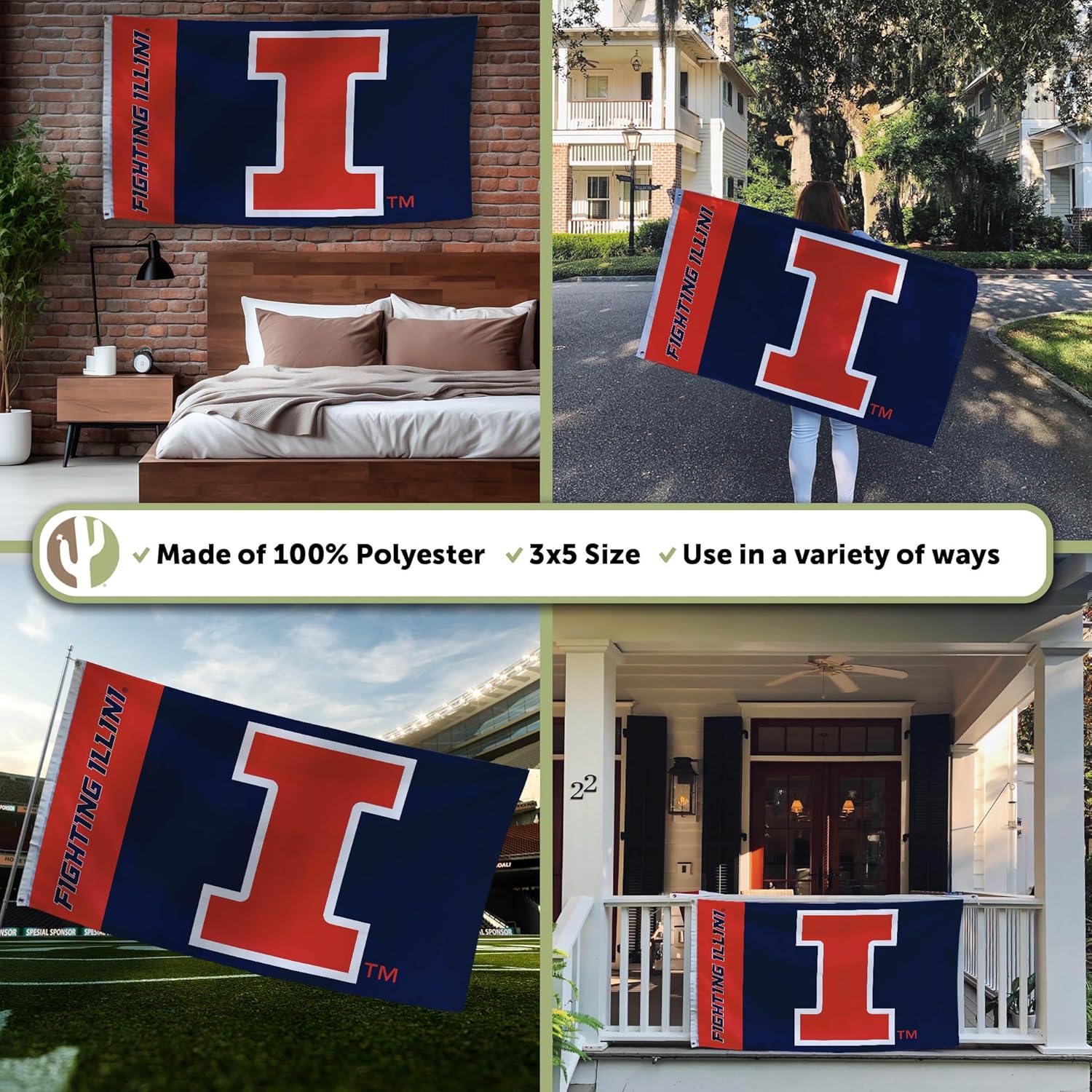 Desert Cactus University of Illinois Flag Fighting Illini U of I Banners 100% Polyester Indoor Outdoor 3x5 feet Flags (Team Name) - Image 3