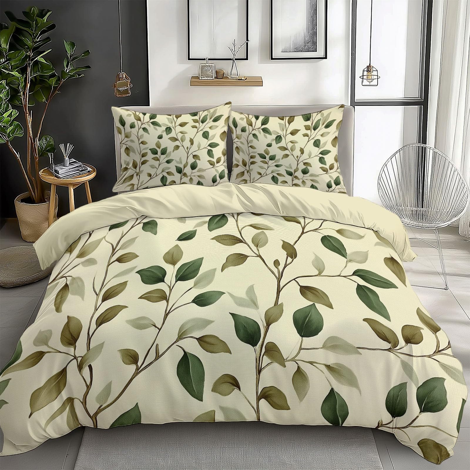 Funda Nórdica Reversible con Hojas Verdes y Marrones, Juego de Ropa de Cama de Crema 150 x 200 cm fácil Cuidado Suave y cómodo 2 Fundas de Almohada