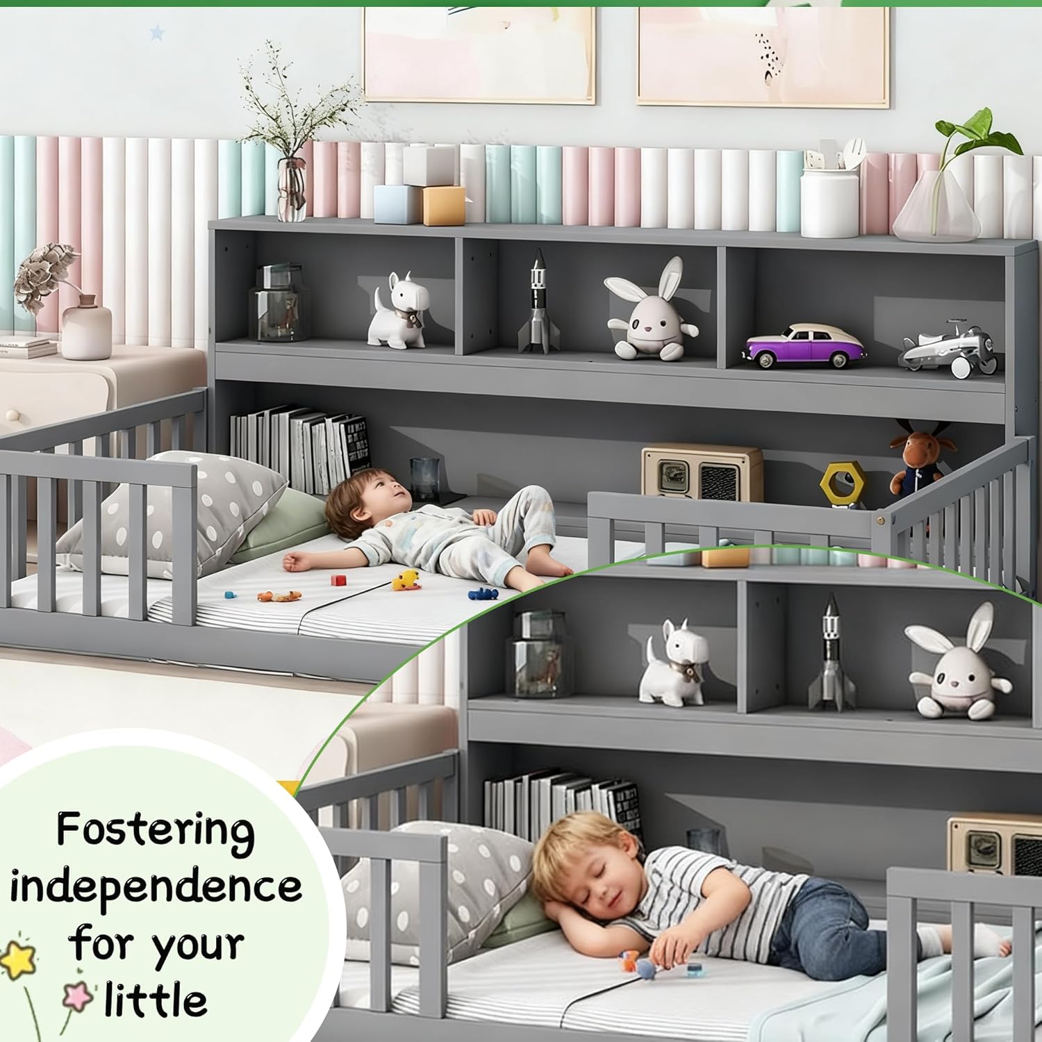 Kids Montessori Floor Bed, Twin Size Floor Bed with Bookcase and Guardrails, Kids Beds with Storage for Girls,Boys,No Box Spring Needed,Without Slats, Grey