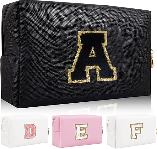 Bolsa de maquillaje personalizada con parche de letra inicial, bolsa de cosméticos con cremallera, NegroNegro-Letra, Moda