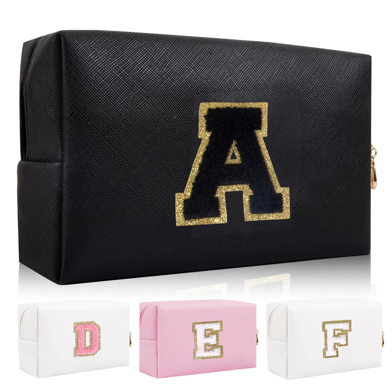 Personalized Initial Letter Patch Makeup Bag, Preppy Chenille Letter Cosmetic Pouch with Zipper, Black/Black-Letter, A, Fashion