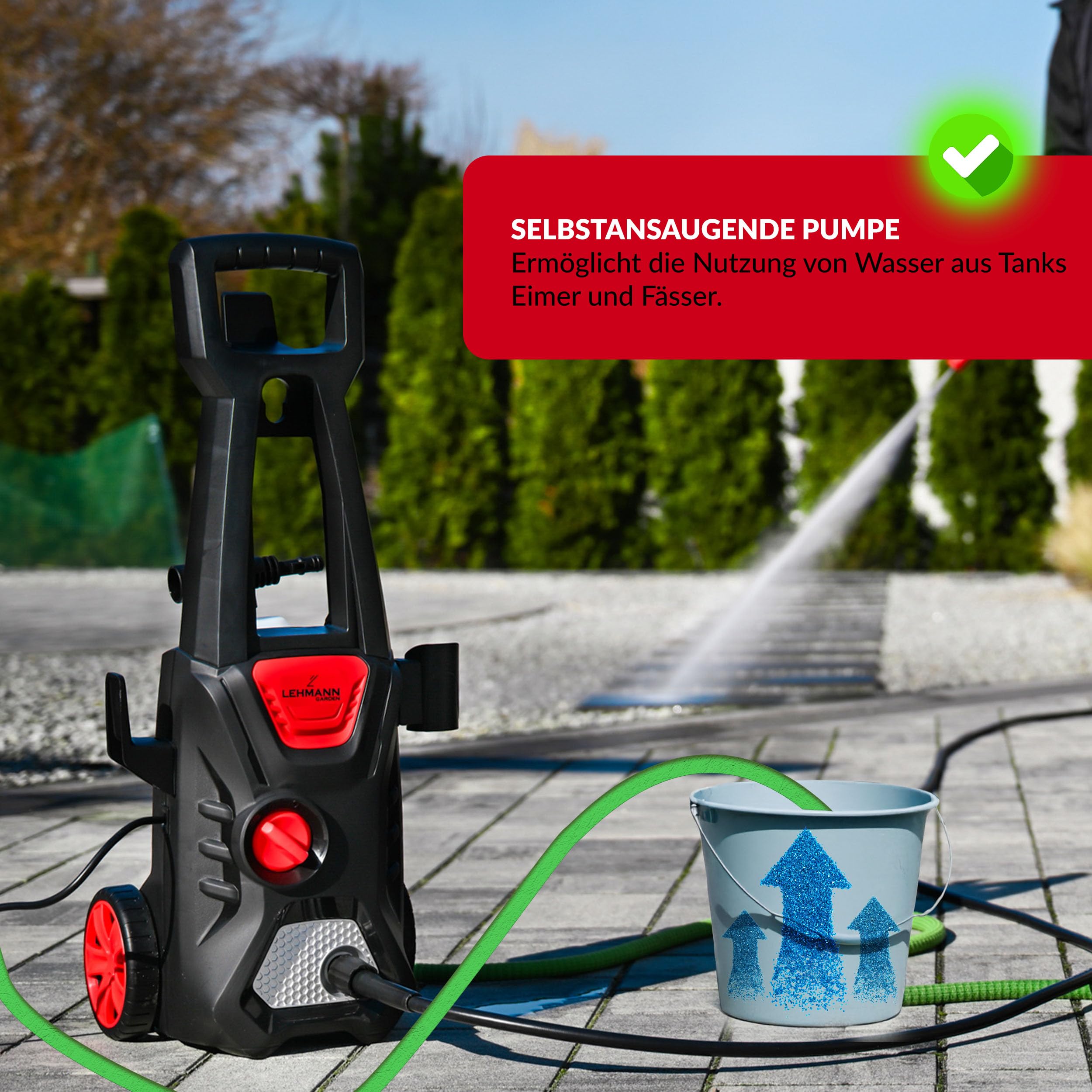 LEHMANN Jukon Hochdruckreiniger mit 9-TLG. Zubehörset, 1600 W, 480 l/h Fördermenge, Selbstansaugfunktion, 230 EwBar Maximaldruck, 10 m Arbeitsradius, Flächenreiniger für Terrasse & Autowäsche
