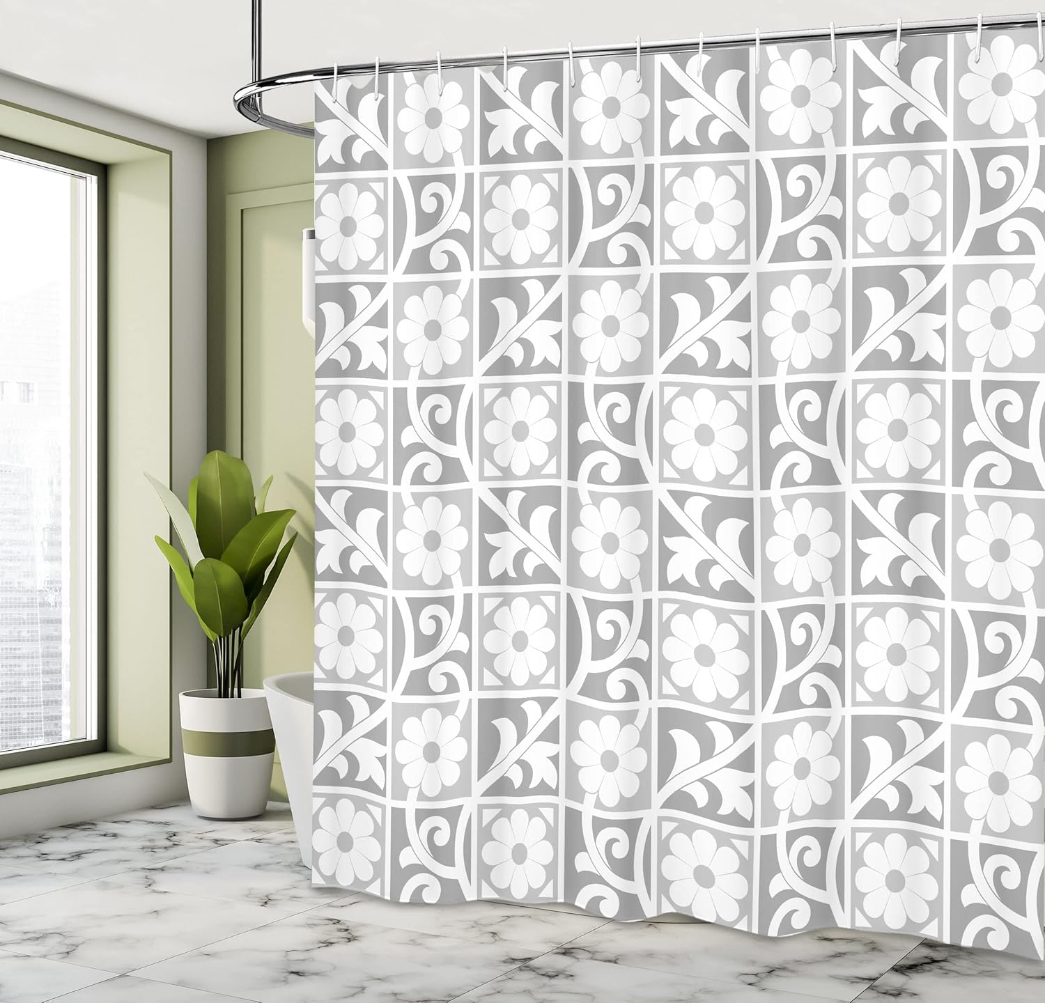 Ambesonne Grey Shower Curtain, Floral Ornaments Blooming Flowers in Squares Royal Abstract Themed Pattern Art Image, Cloth Fabric Bathroom Decor Set with Hooks, 69" W x 70" L, White Grey