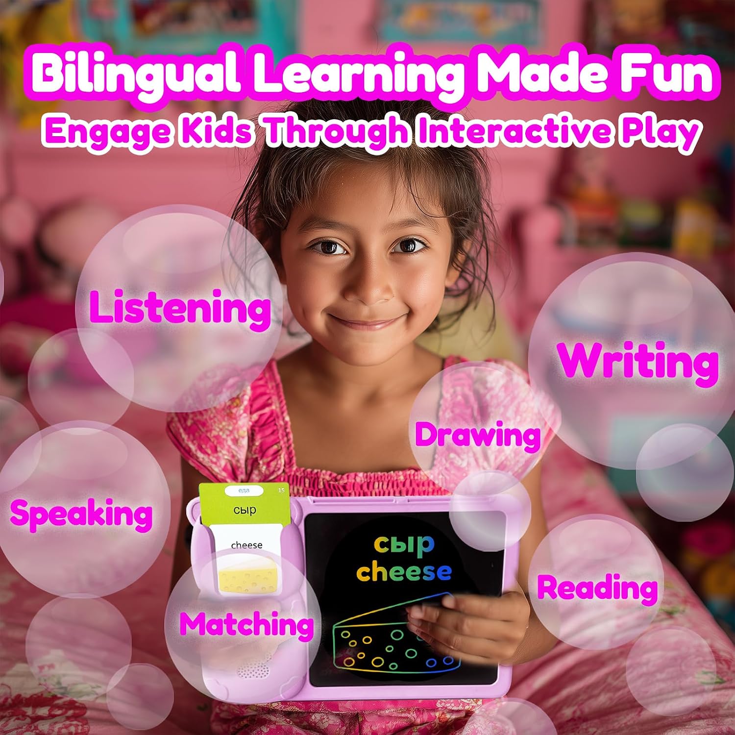 Writing Tablet with Bilingual Flash Cards for Kid, Russian, Pink image 5