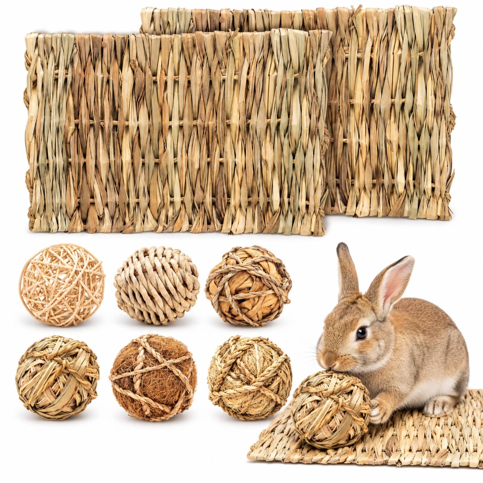 Buuraqq 8Pcs Natural Chew Balls and Grass Mat, Rabbit Boredom Breakers