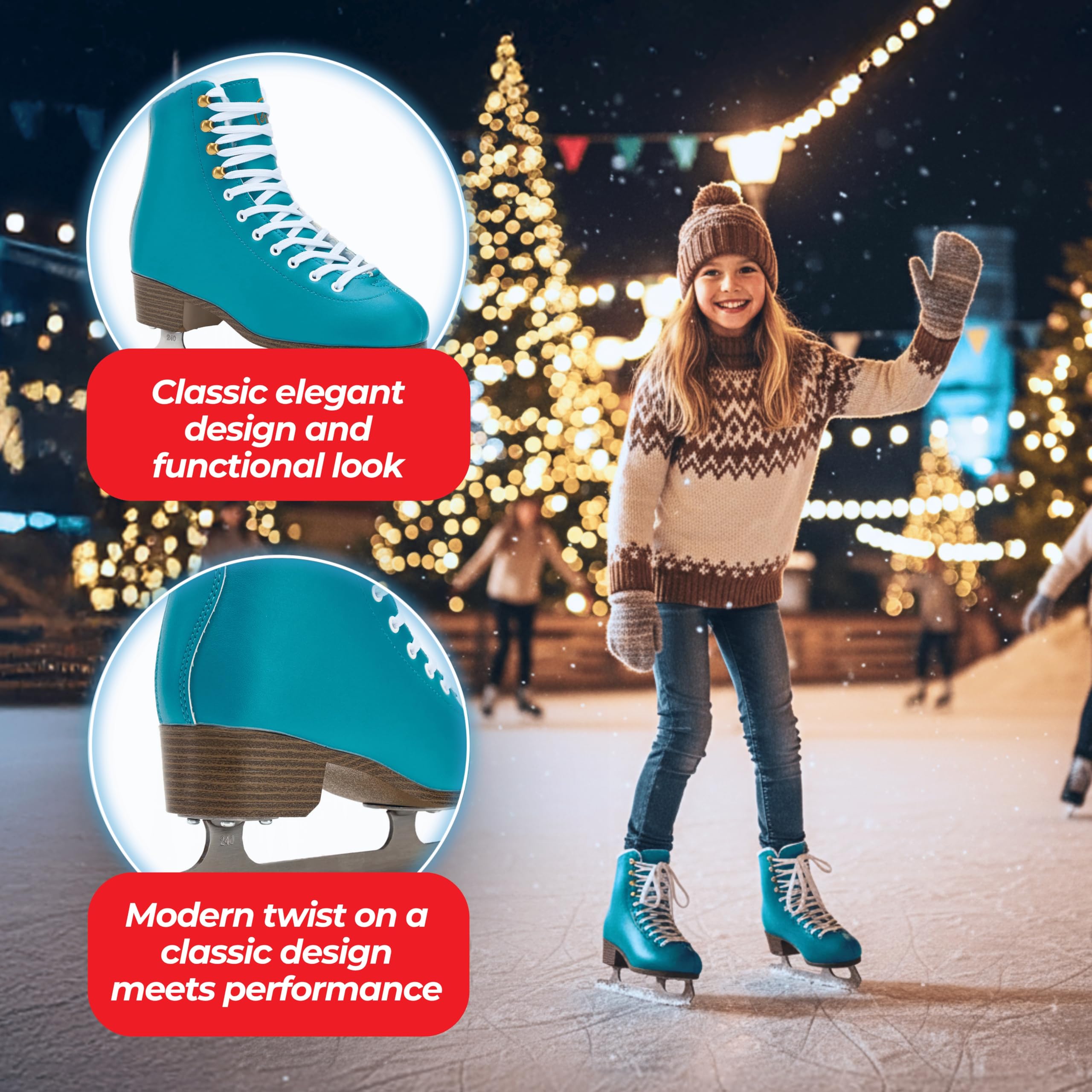 ATTABO ISLA Patins à glace artistiques pour enfants | Dessus en plastique PVC | Support de cheville renforcé | Patins en acier inoxydable | Design classique pour les jeunes patineurs (31)