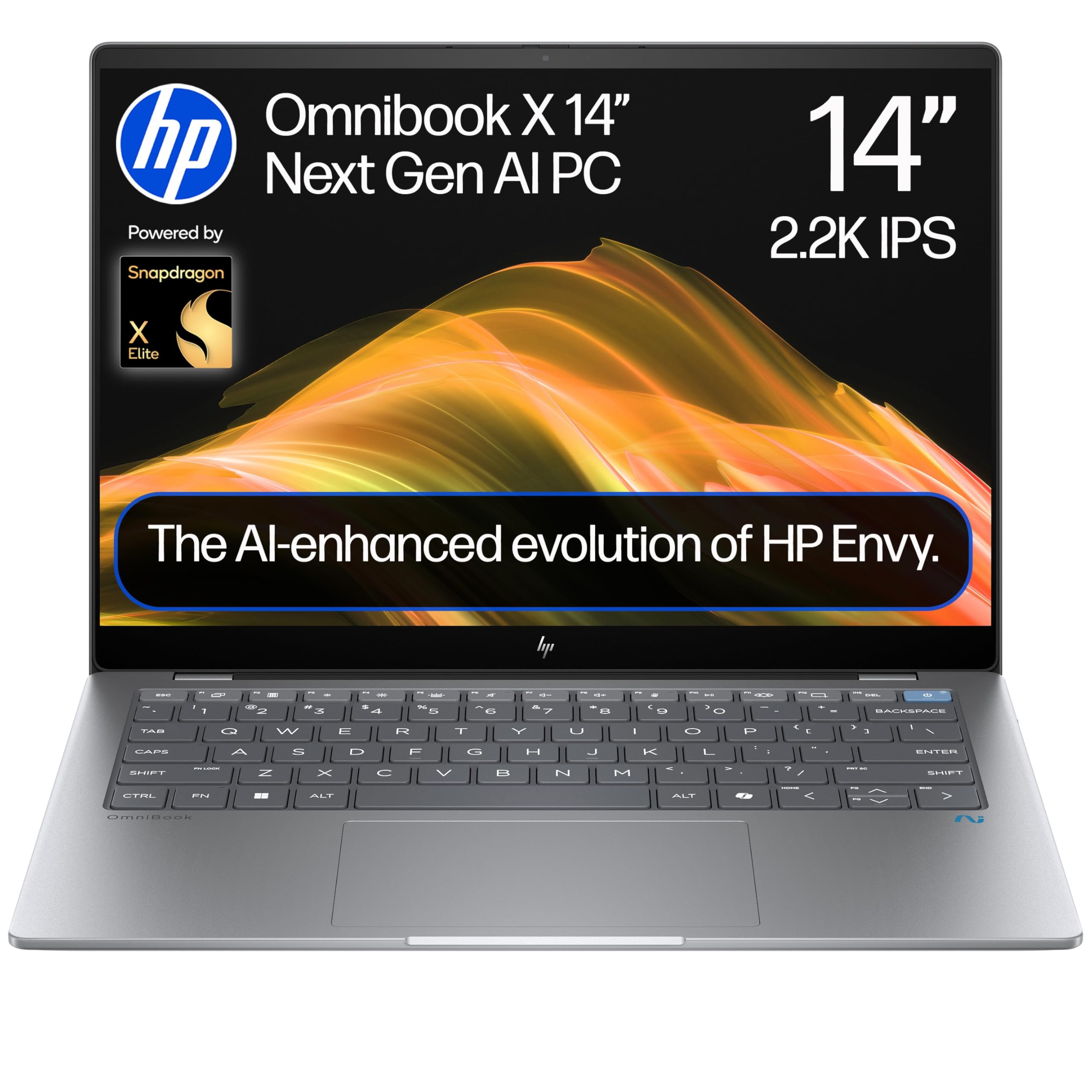 OmniBook X 14'' AI PC | Qualcomm Snapdragon® X Elite | 45 TOPS AI dedicated NPU | 16GB RAM | 1TB SSD | 2.2K IPS Touchscreen | Up to 26hrs battery | Win 11 | Poly Studio | 14-fe0000sa