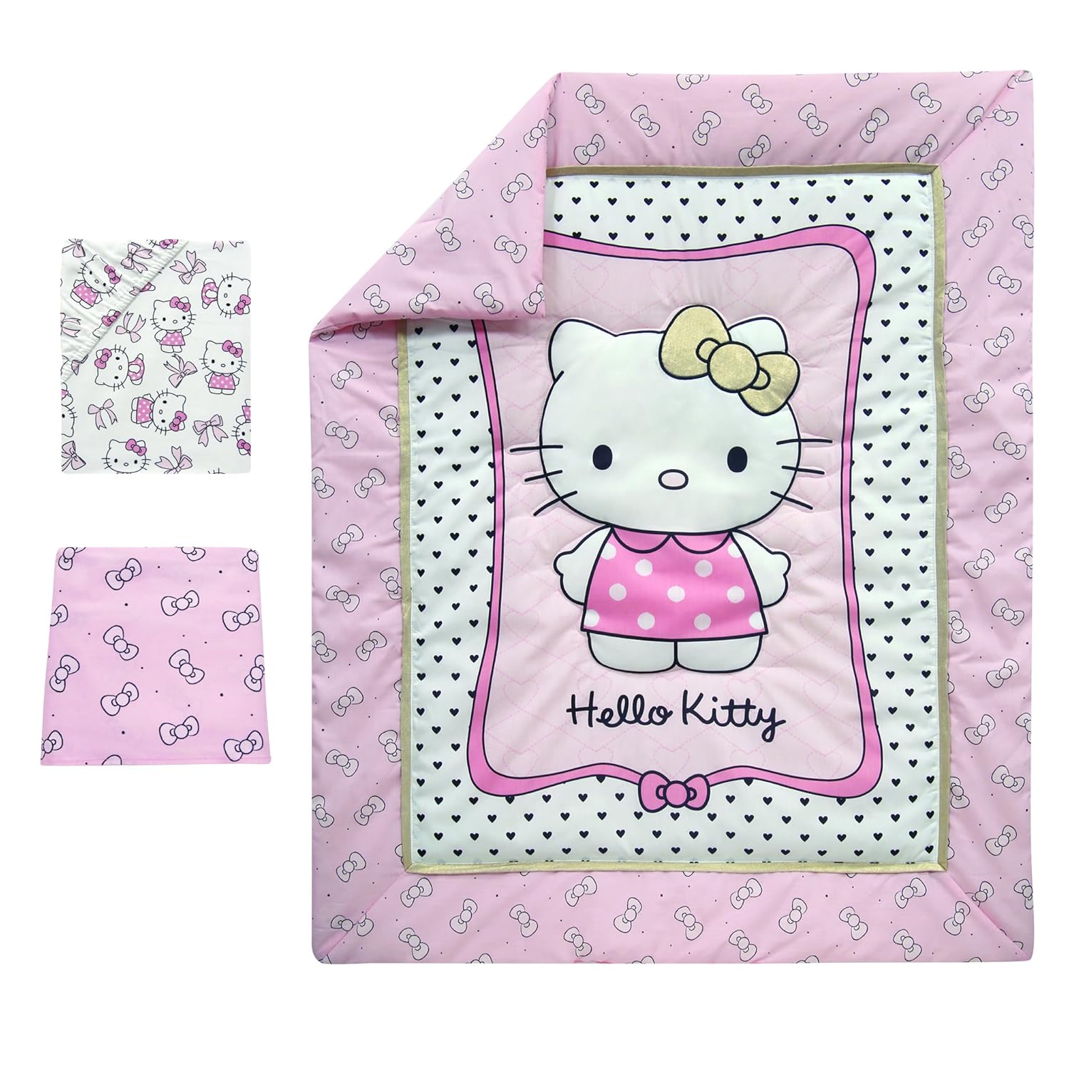 amazon com bedtime originals hello kitty luv hearts 3 piece crib bedding set pink gold baby