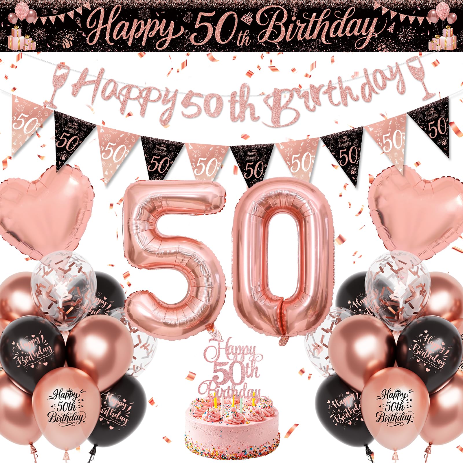 50th Birthday Decoration for Women, 30pcs Rose Gold Black Balloons Kit