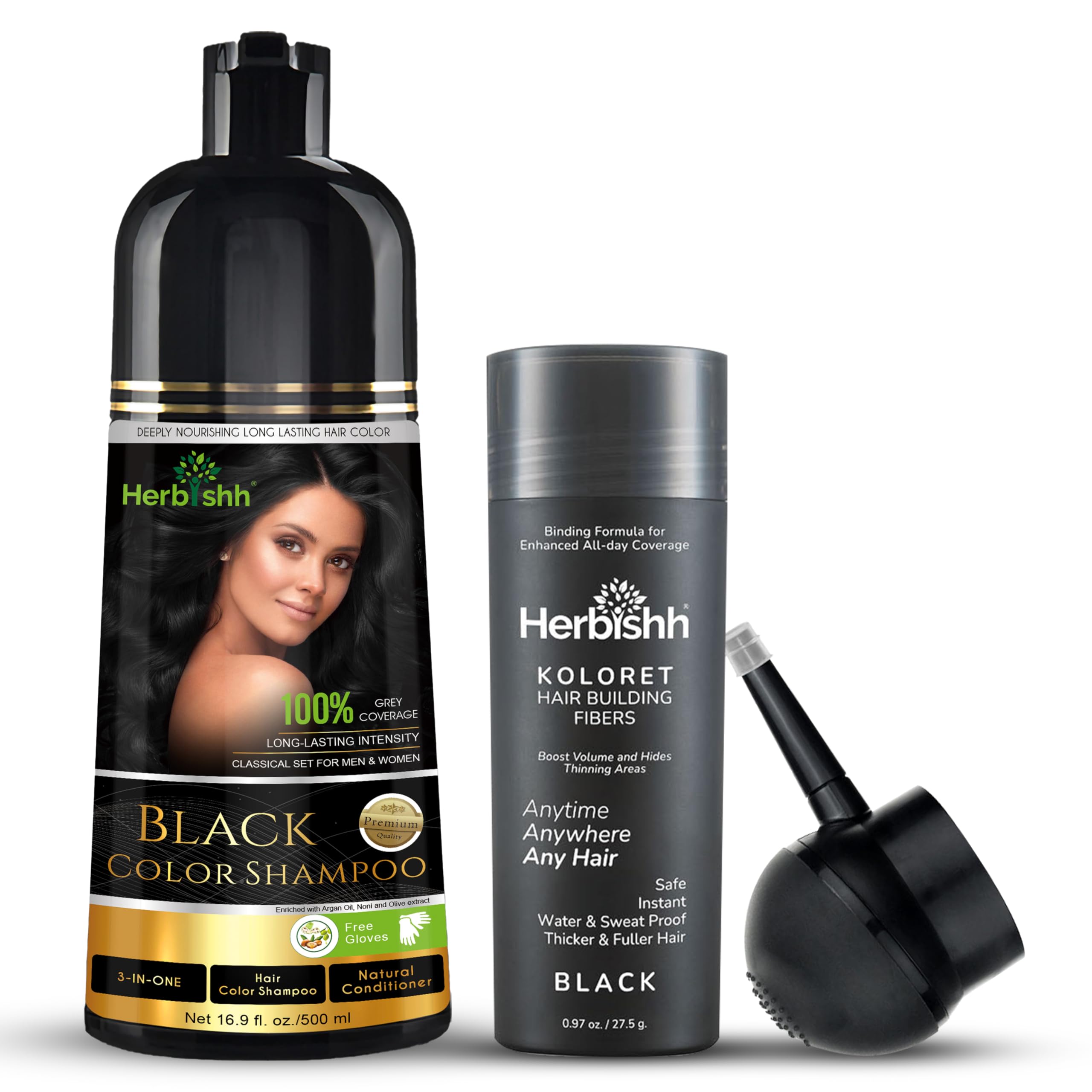 Herbishh Hair Color Shampoo for Gray Hair – Magic Hair Dye Shampoo 500 ml (Black) Koloret Hair Building Fibers – Black Powder 27.5g