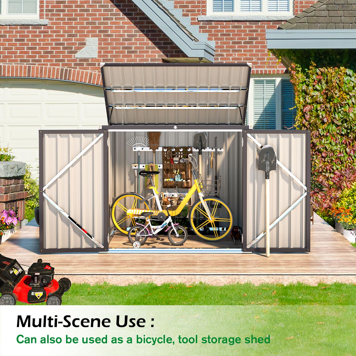 YODOLLA Mülltonnenbox 2er mit Gasdruckfeder, Gartenschrank Metall, Braun | Wetterfest Abschließbar Geräteschuppen für den Außenbereich, 150,6 x 80 x 117,6cm, 1300L