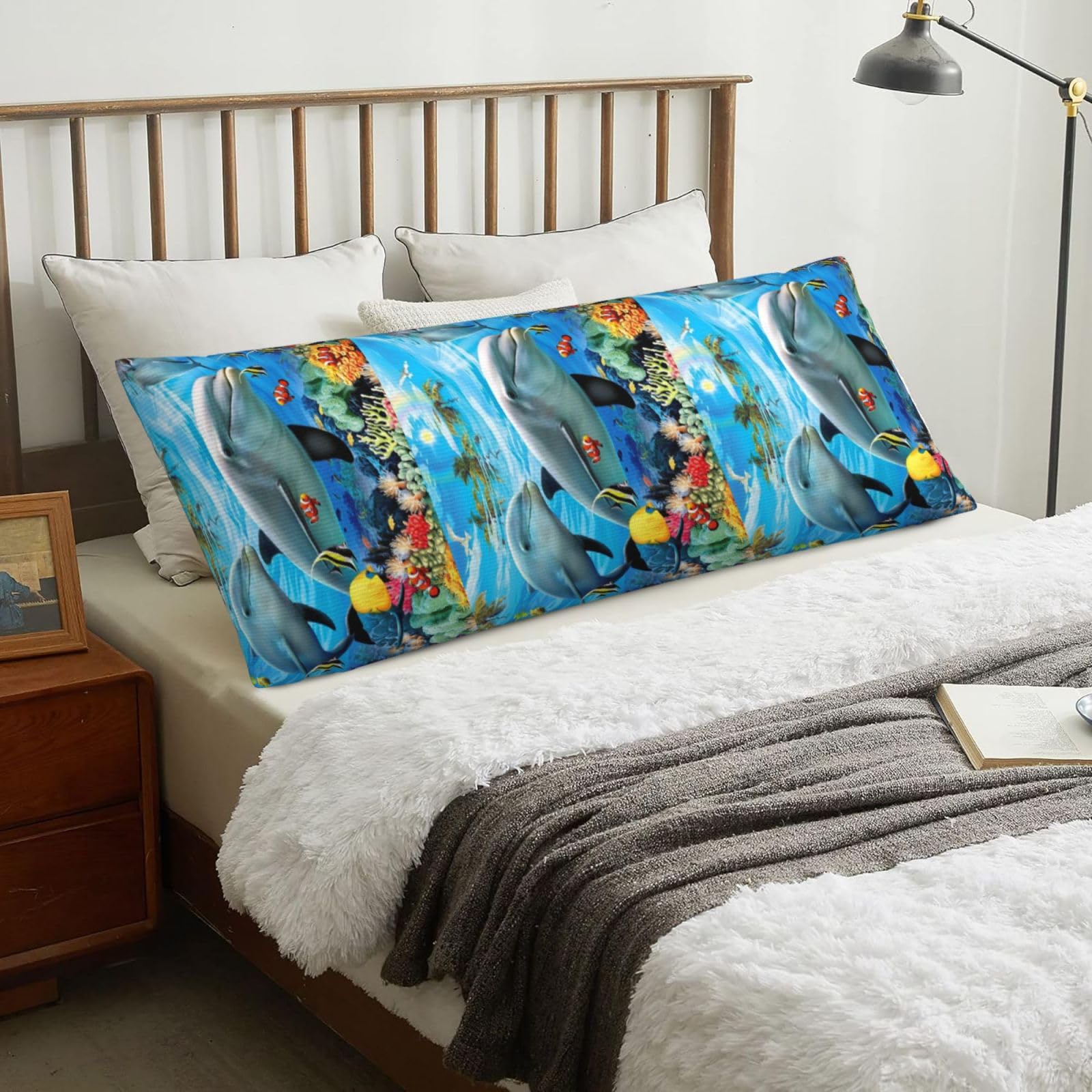Underwater Dolphin, Body Pillow Cover with Zipper,Long Body Pillowcase 20 x 60 in