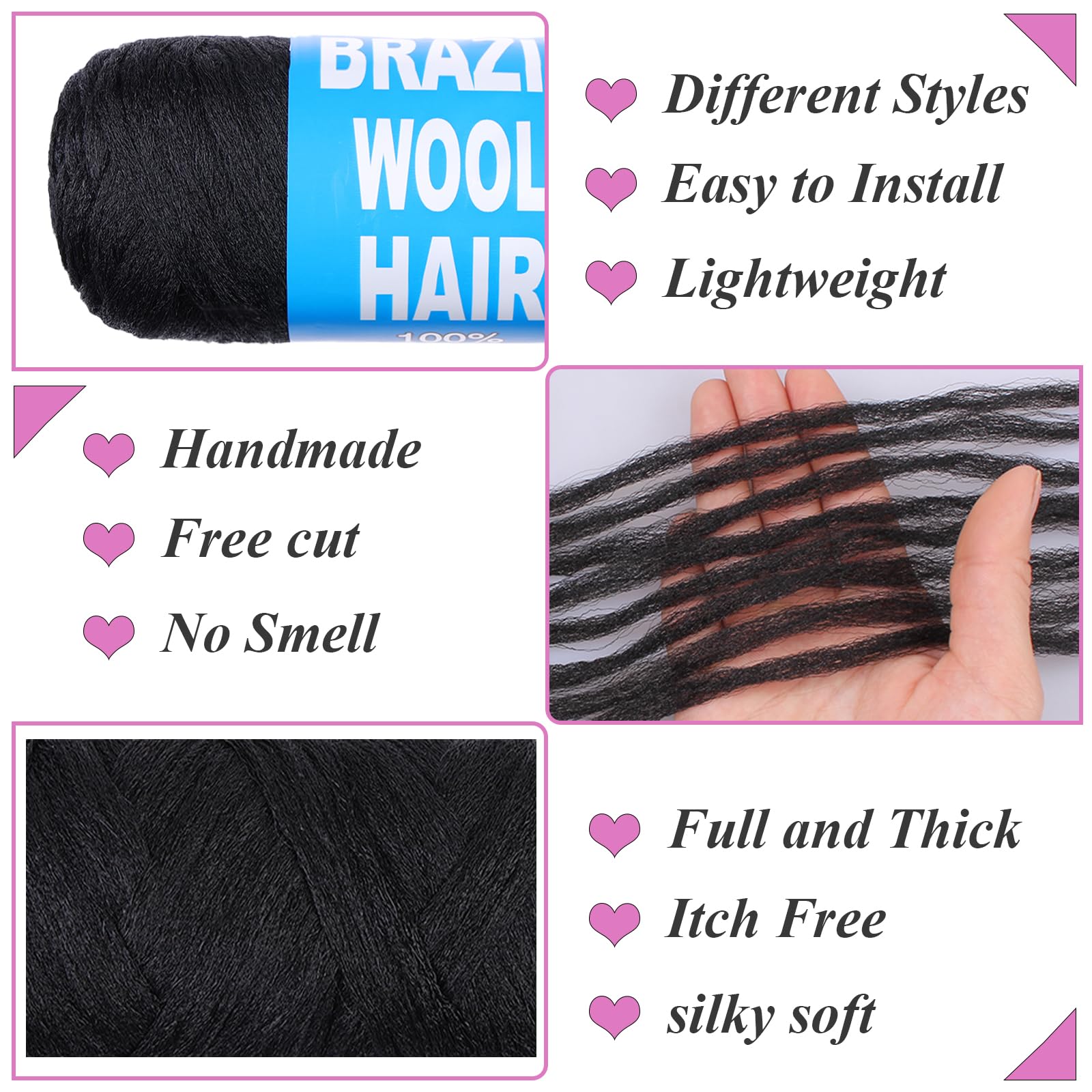 Samtress Brazilian Wool Hair for Braiding Hair 2 Pcs Natural Black Acrylic Yarn for African Crochet Braids Synthetic Senegalese Twist Jumbo Braids Faux Locs Knitting Hair Extensions (#1B) - Image 3