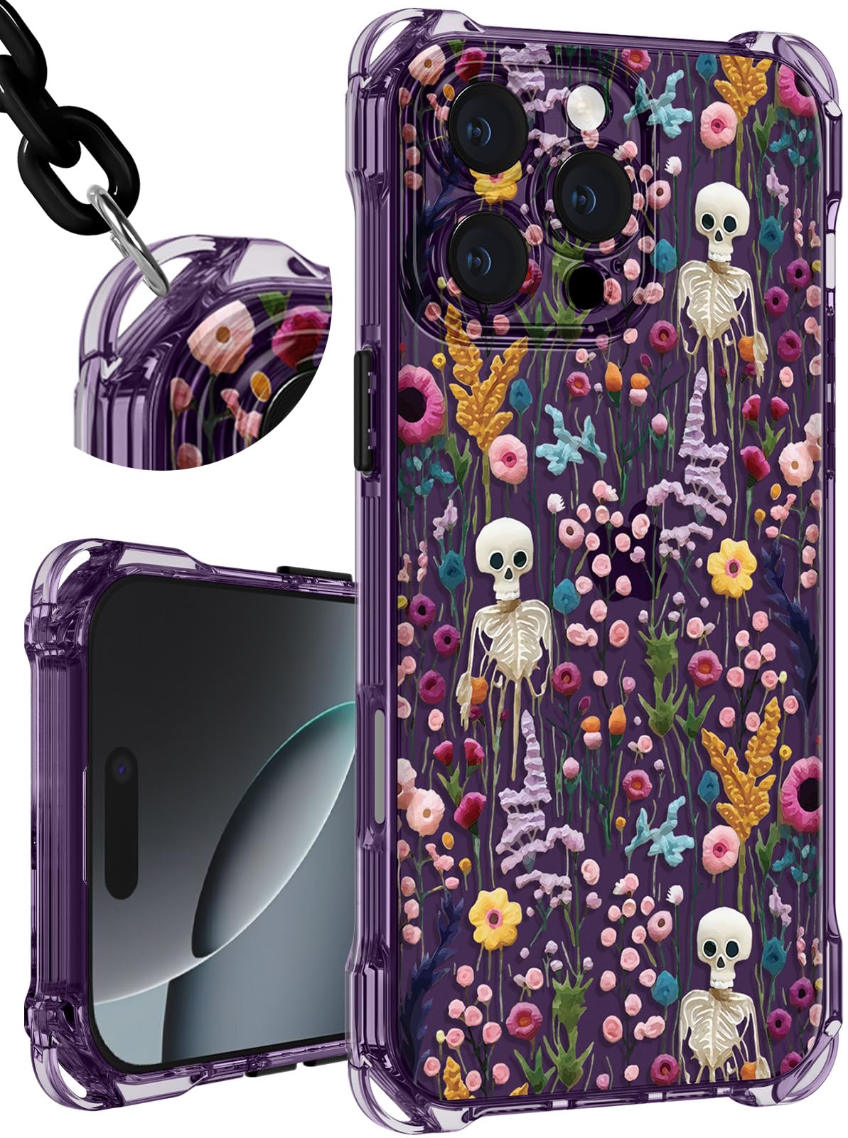 Toycamp for iPhone 16 Pro Max Case with Strap for Women - Cute Funny Girls Girly Fashion Skull Flower Design Case with Wrist Lanyards Four Corners