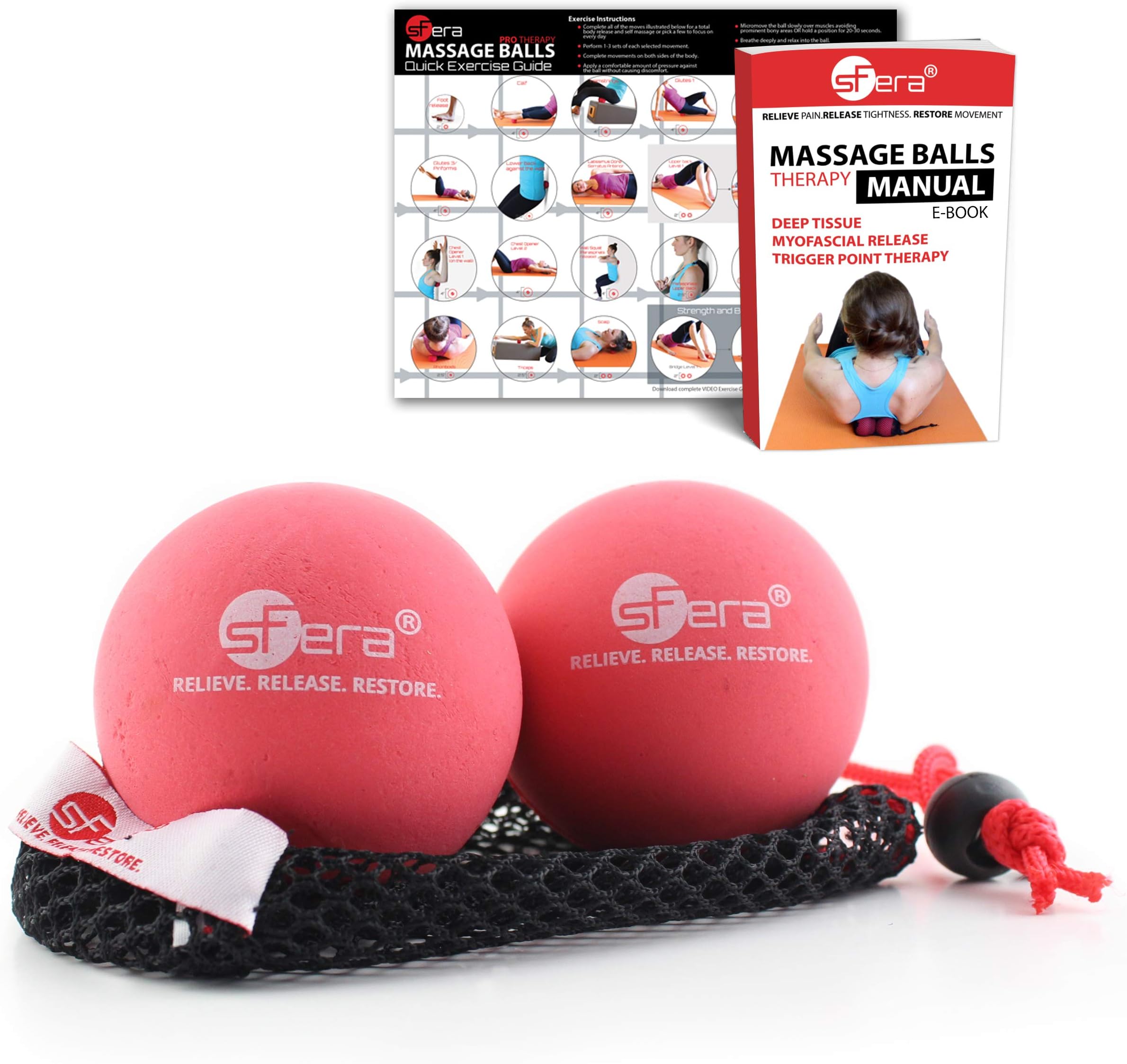 sFera Yoga Massage Balls, Trigger Point, Deep Tissue and Myofascial Therapy. 2 (2.5 inch) Firm Balls w/mesh Bag, (RLZ2 MED - Red)
