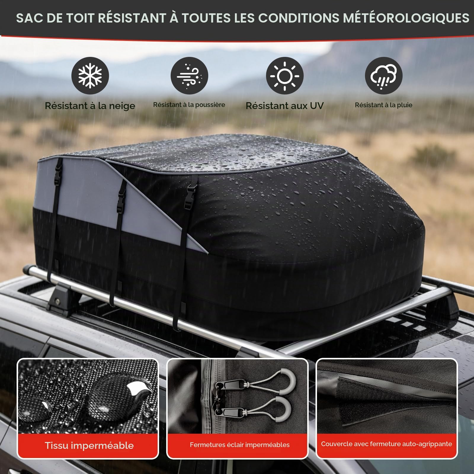 Coffre de Toit Voiture 598L (21 pi³) – Sac de Toit Imperméable 1000D Nylon, 8 Sangles & 6 Crochets, pour Voitures avec/sans Barres de Toit, Voyages et Transport