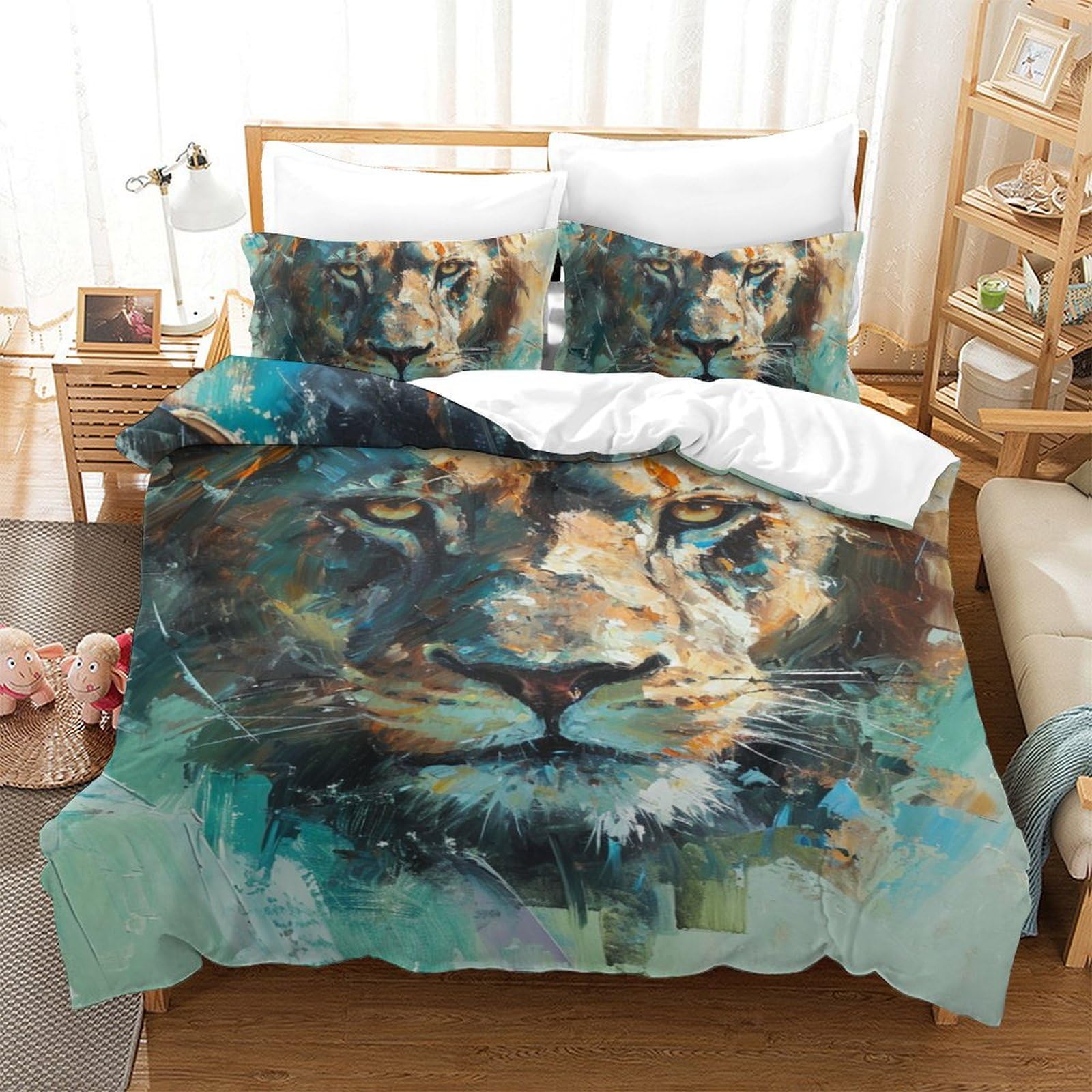 Housse de couette lion 140x200 microfibre imprimé 3D 3 pièces