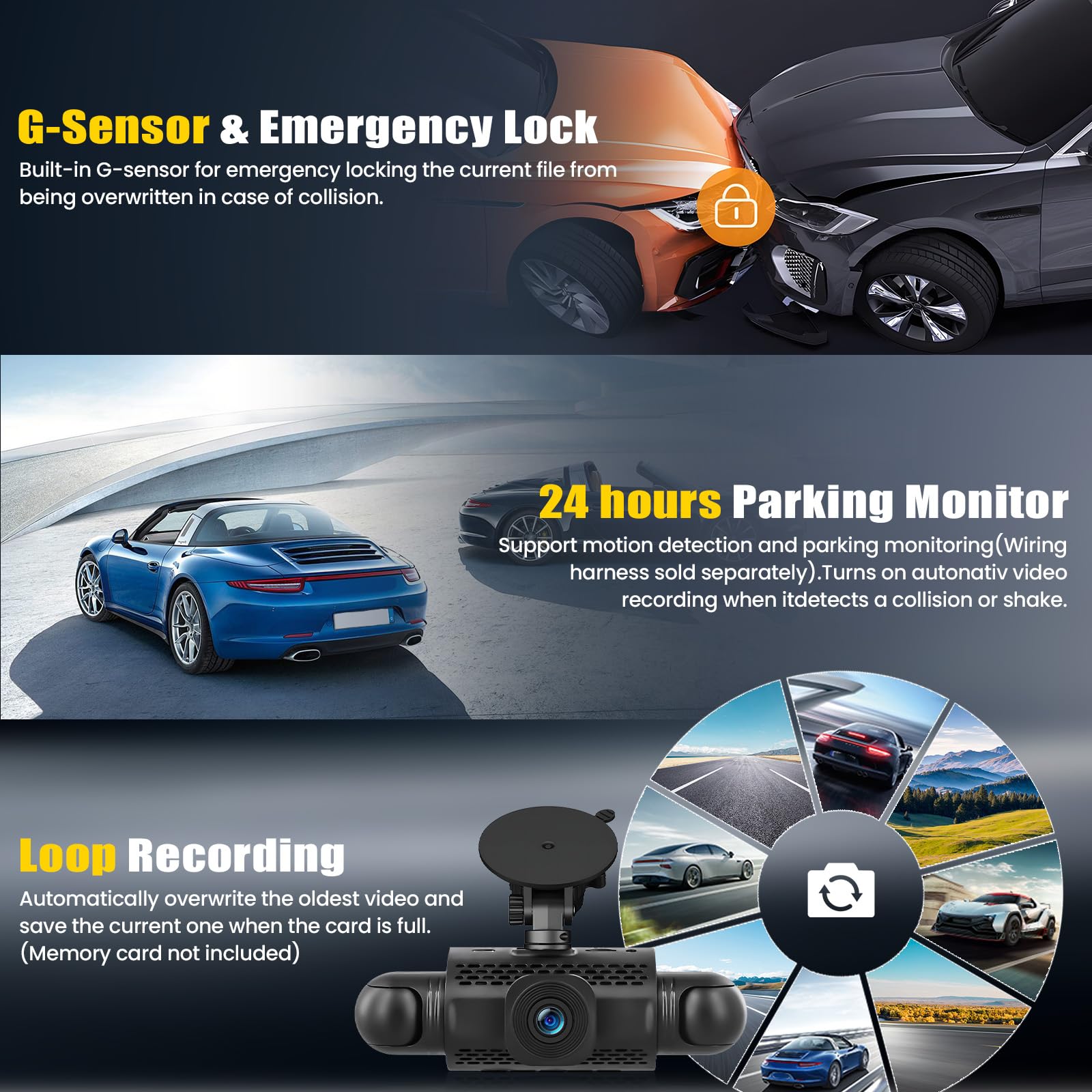 4 Canali 360° Dash Cam Auto con APP, Telecamera per Auto da 3 Pollici 1080P con Visione Notturna IR, Video in Loop, G-Sensore, Ausilio al parcheggio