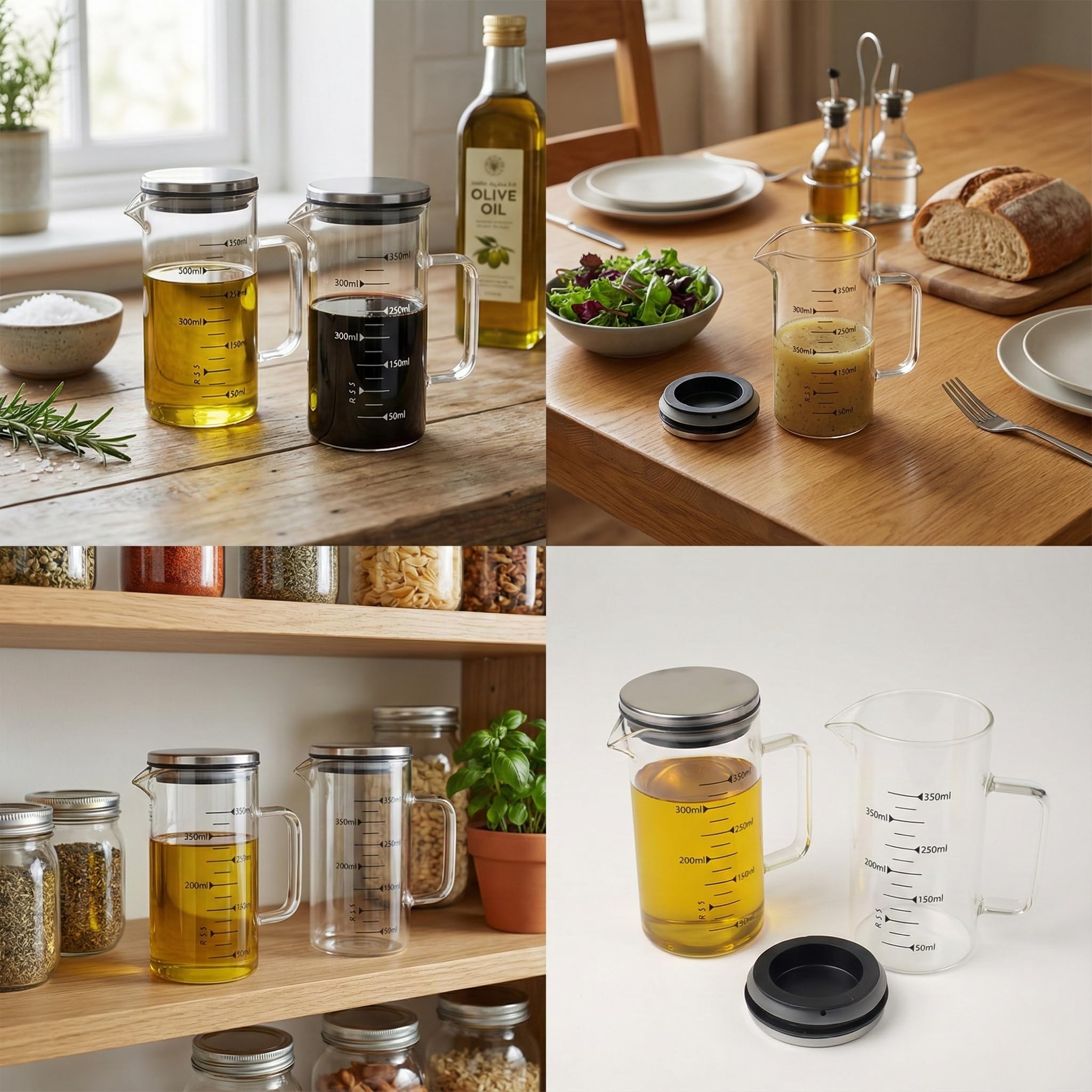 Deconox 2'li Set Paslanmaz Çelik Kapaklı Borosilikat Cam Yağdanlık ve Ölçü Kabı - 350ml - Isıya Dayanıklı Damlatmaz Sosluk, Sütlük ve Mutfak Hazırlık Sürahisi - Şeffaf Modern Tasarım